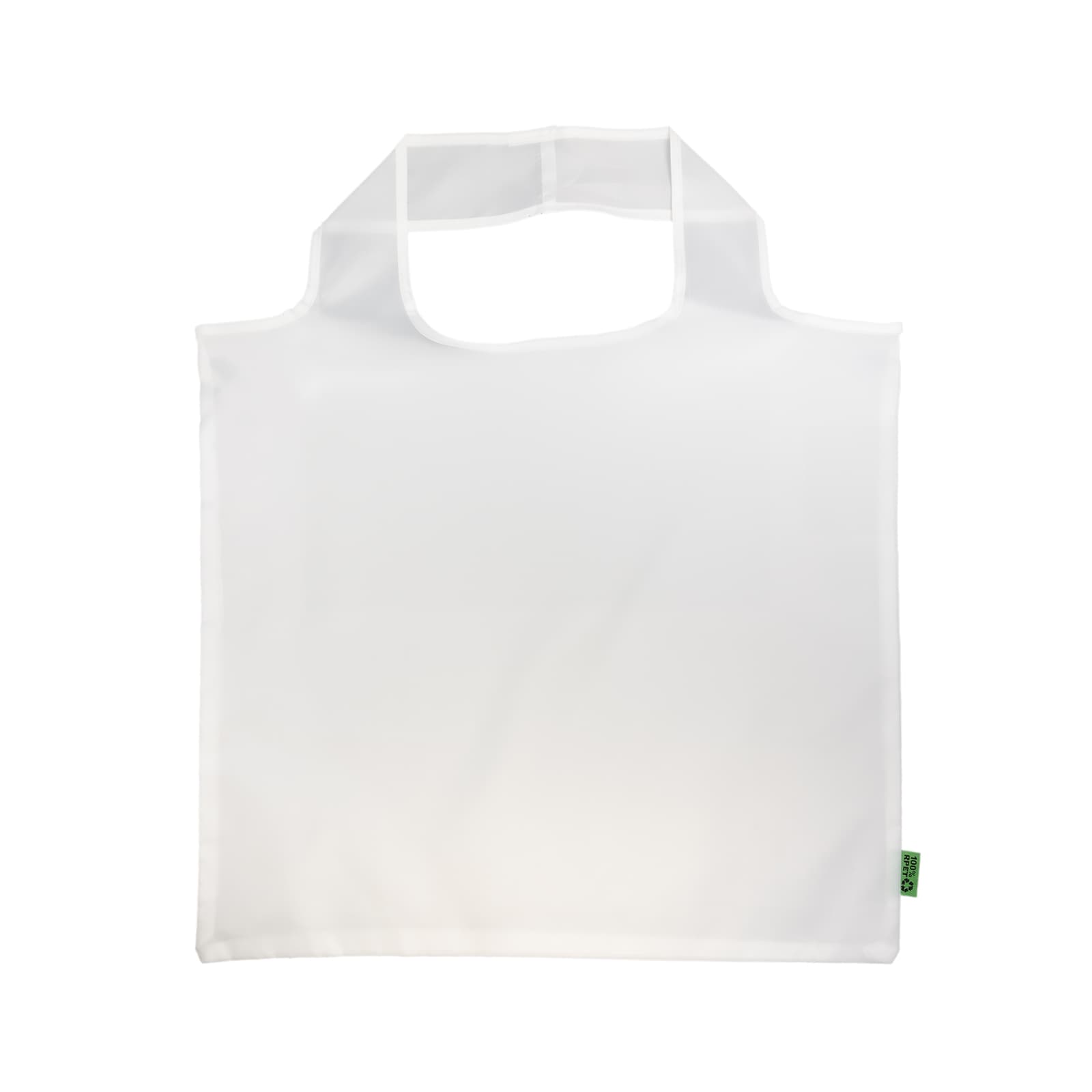 A blue reusable grocery bag made from recycled PET material with a simple design and handles for easy carrying.