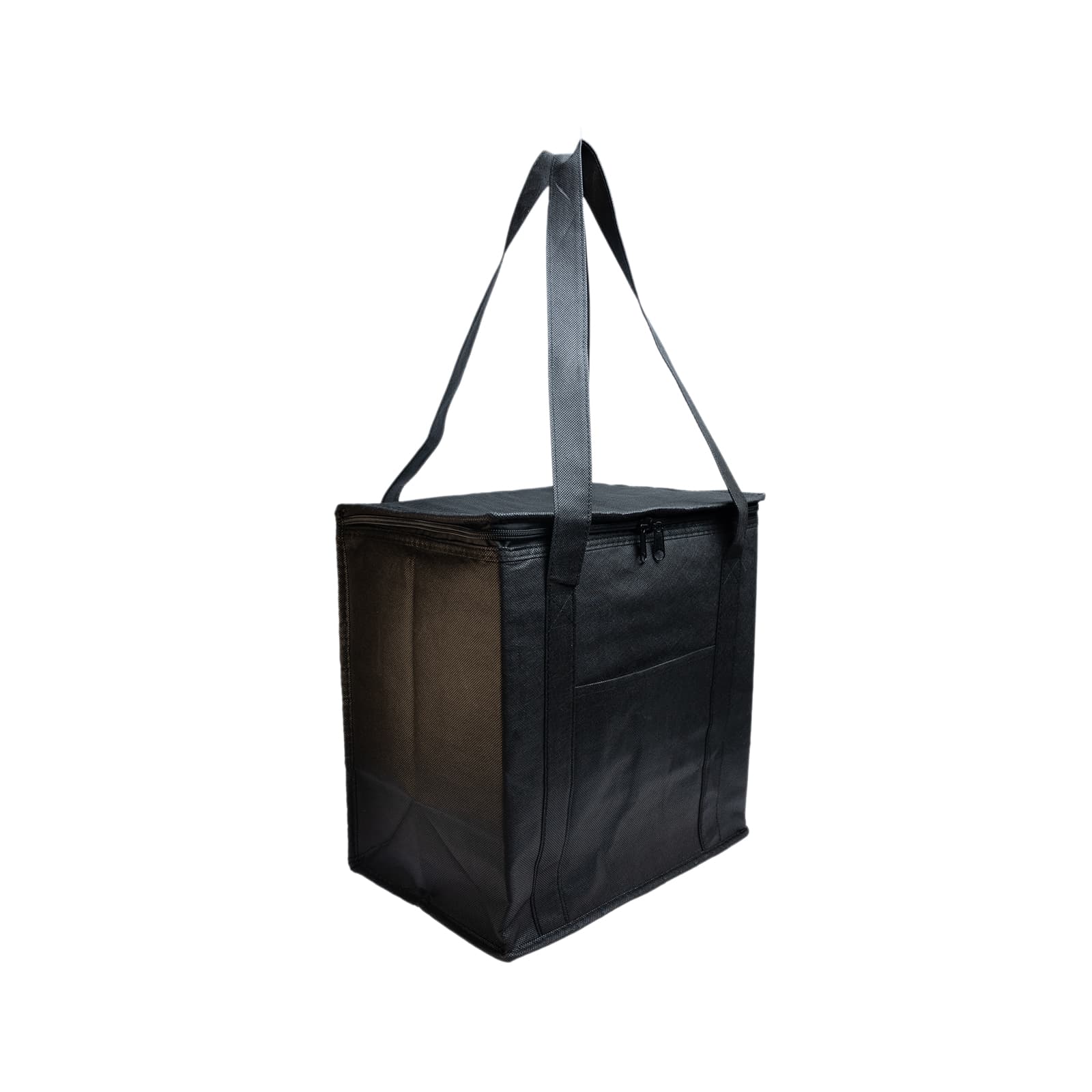 A navy cooler bag with a zip closure and sturdy carrying straps, designed for keeping items chilled.