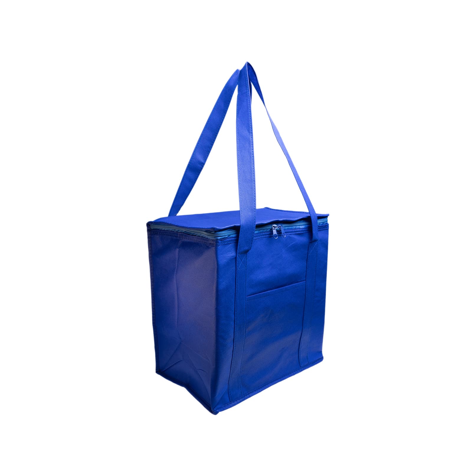 A cooler shopping bag in light gray with a zippered top and sturdy handles. It includes a pocket on one side.