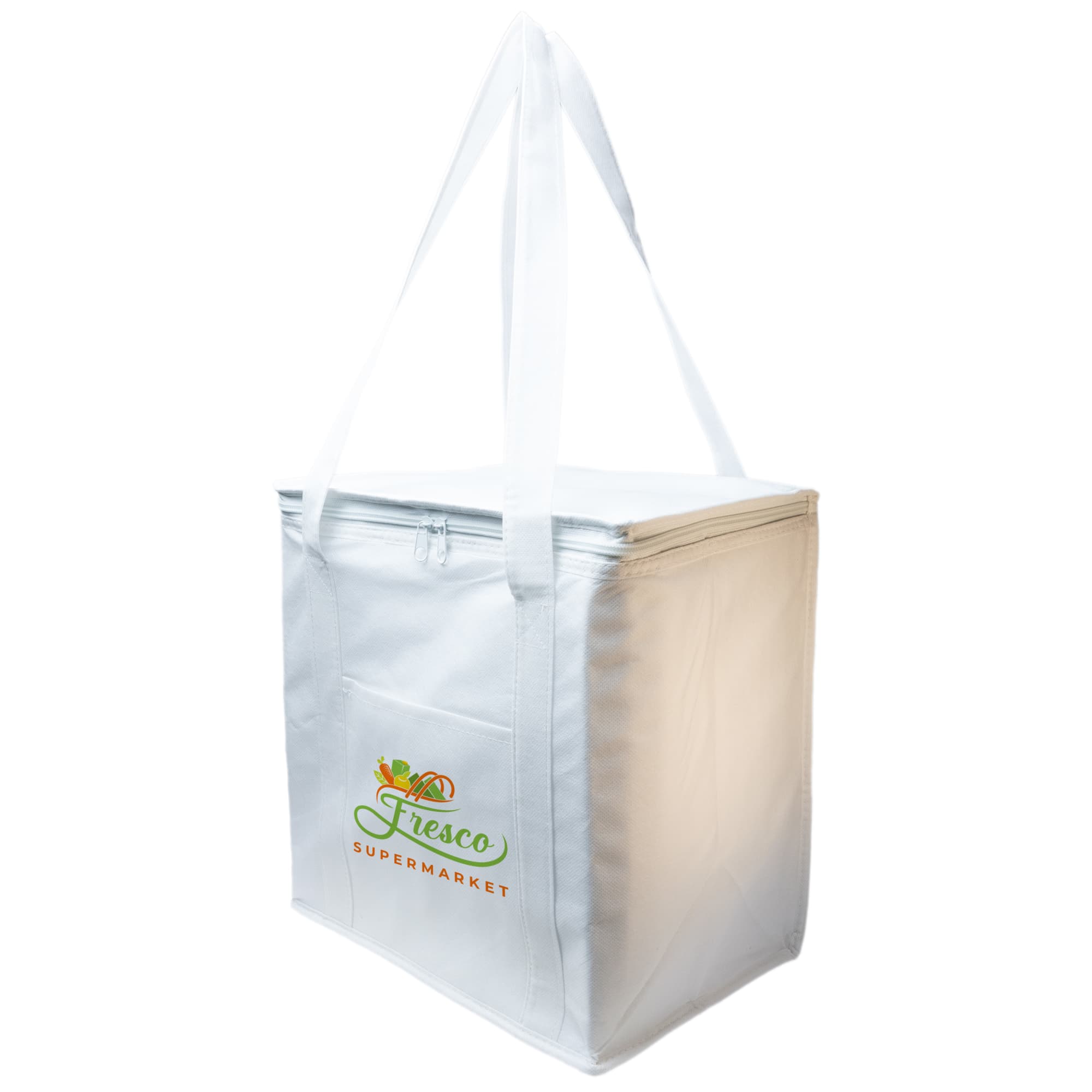 A white cooler bag with a zippered top, featuring sturdy handles and a logo that reads 