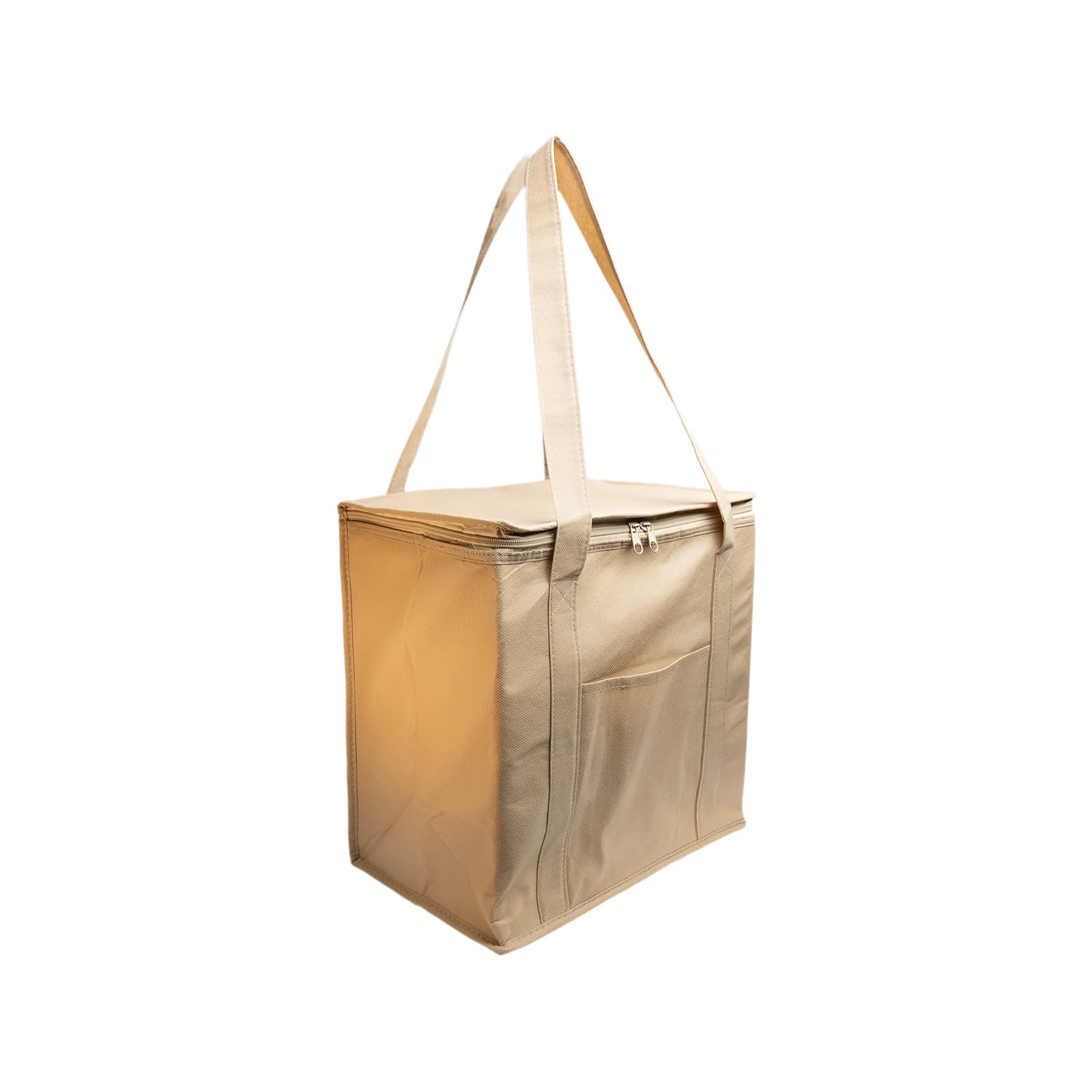 A black cooler bag with dual handles, being held by a person in light jeans. The bag features a front pocket and a logo.