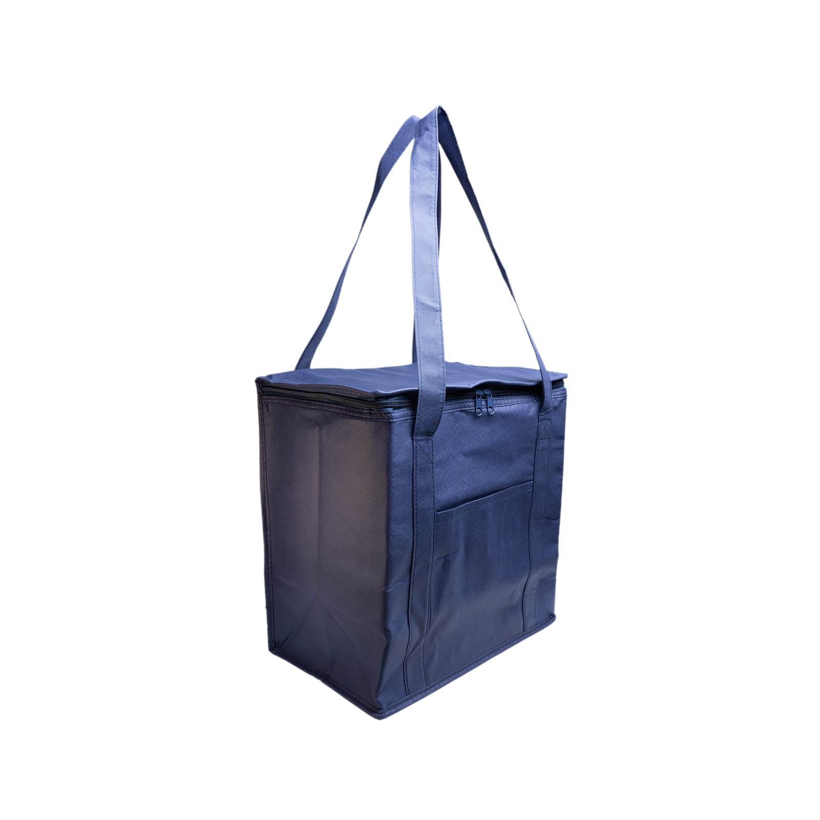 A tan cooler bag with a zippered top and two shoulder straps, featuring a front pocket and a logo.