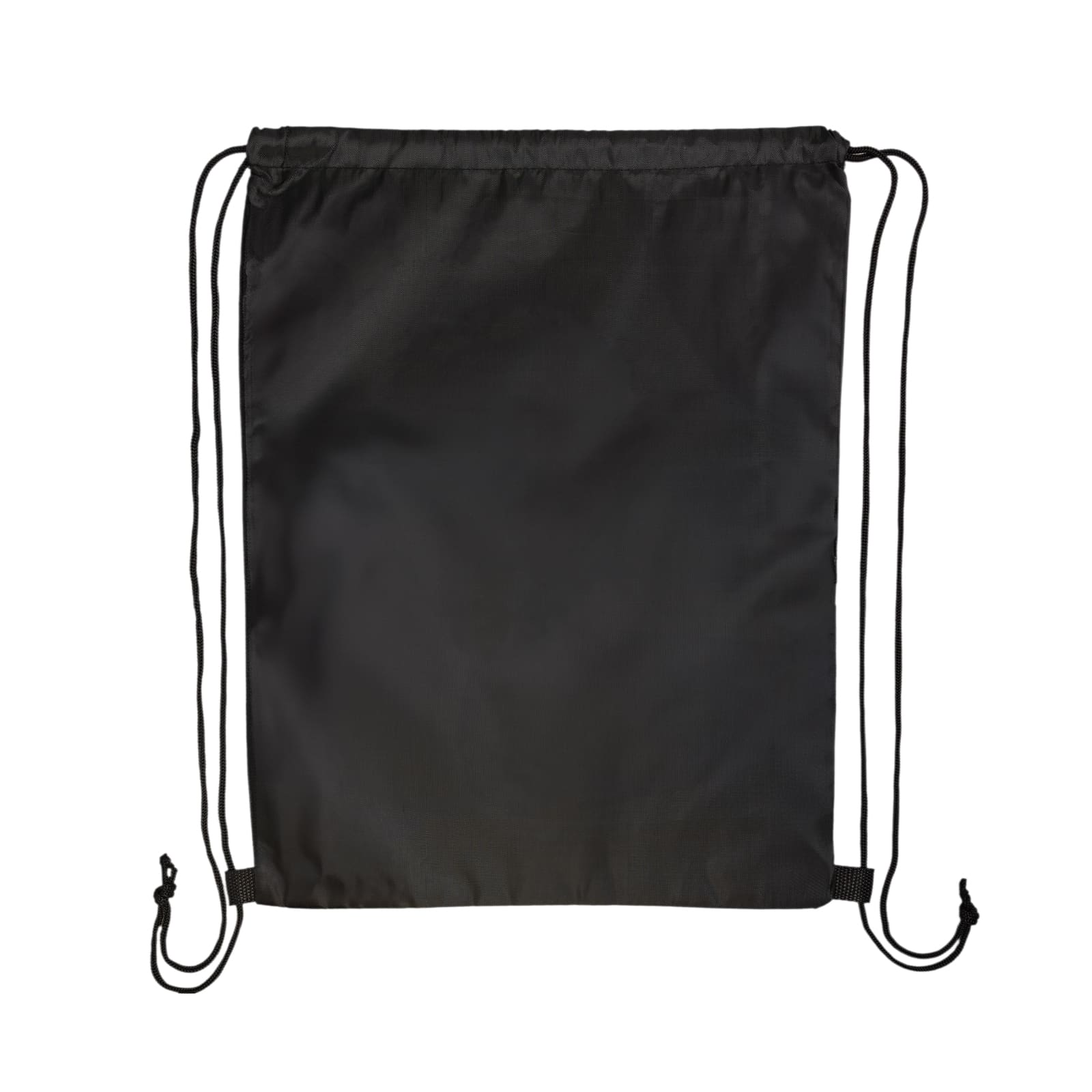 A black drawstring backpack with cinch closure and two adjustable cords for carrying.