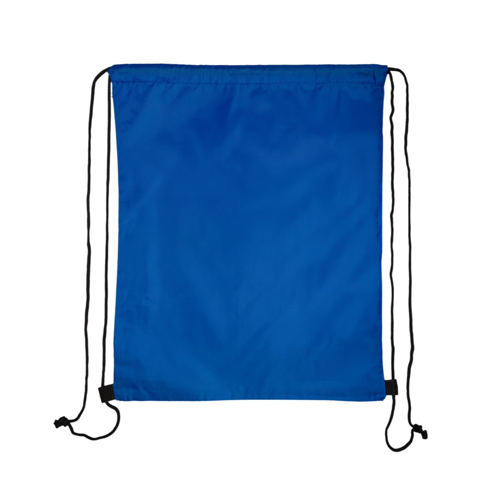 A bright blue drawstring backpack with black cords for closure and carrying.