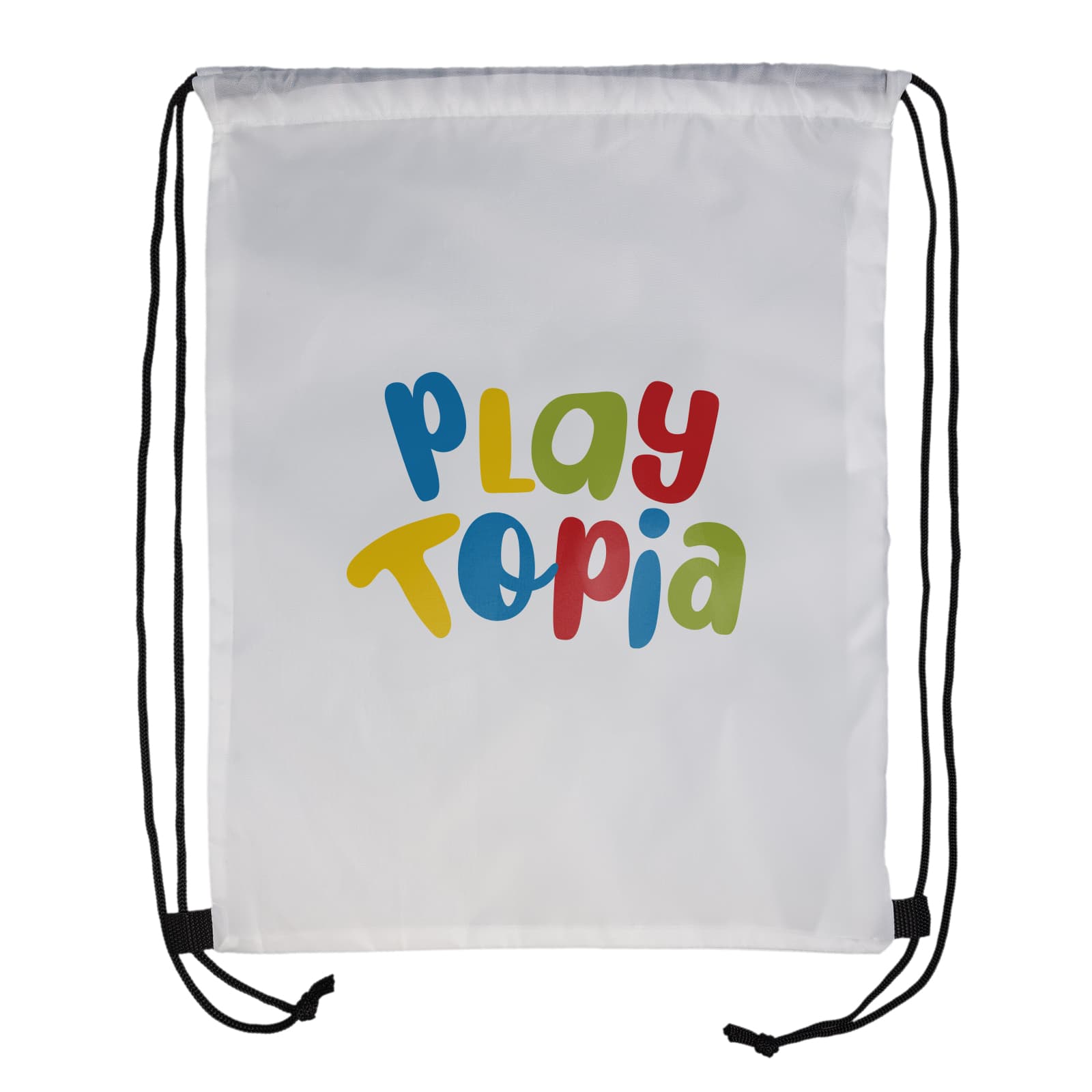 A drawstring backpack featuring the colorful text 