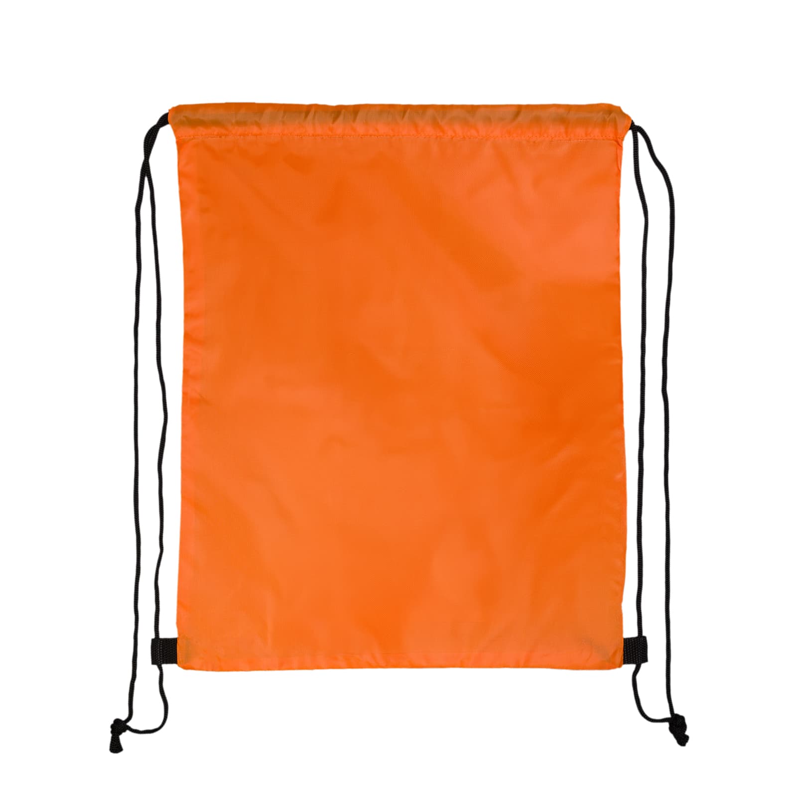 An orange drawstring backpack with black cords and a plain design, featuring a logo.