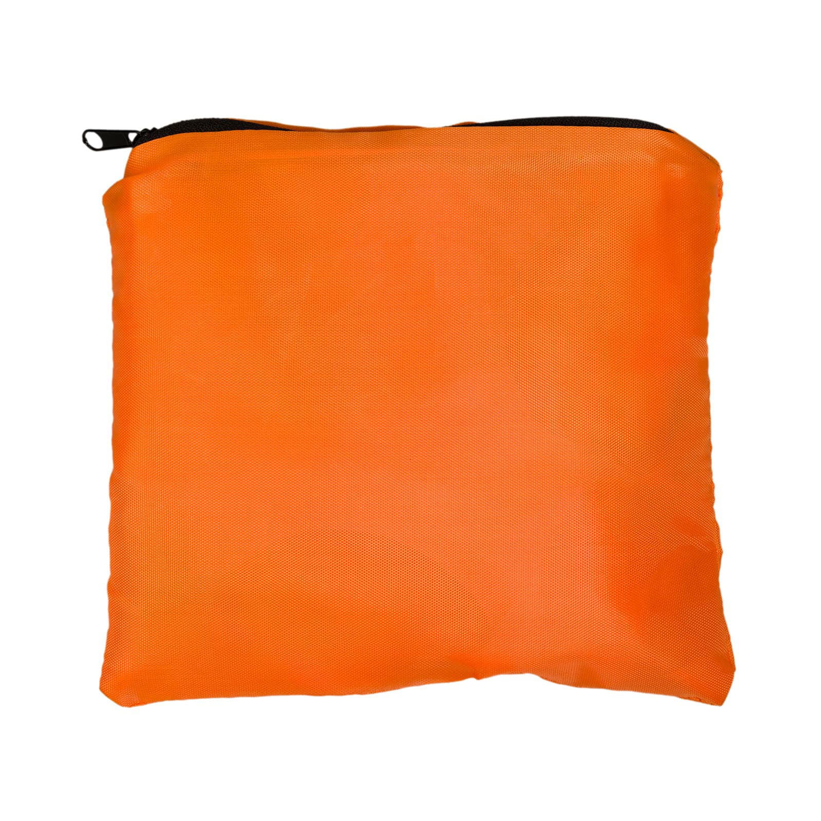 An orange drawstring backpack with a zippered closure.