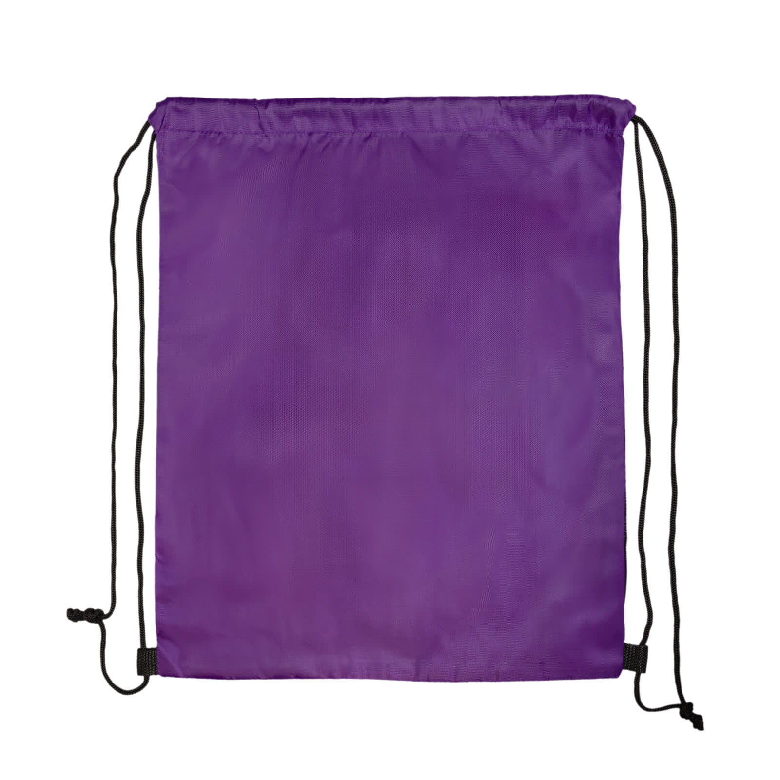 A purple drawstring backpack featuring two black drawcords and a simple design. It includes a logo.