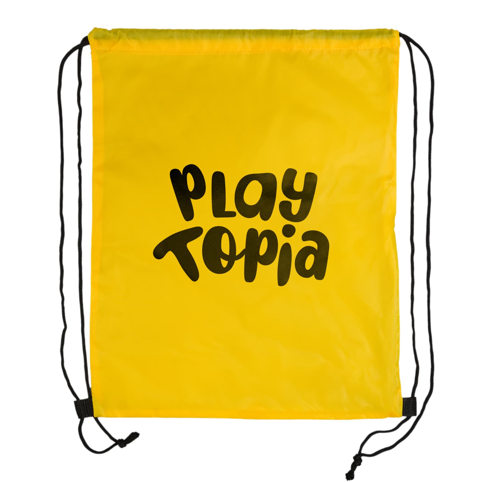 A yellow drawstring backpack featuring the text 