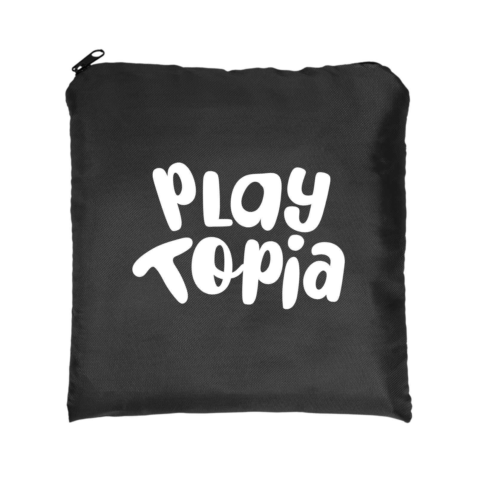 A black drawstring backpack features the text 