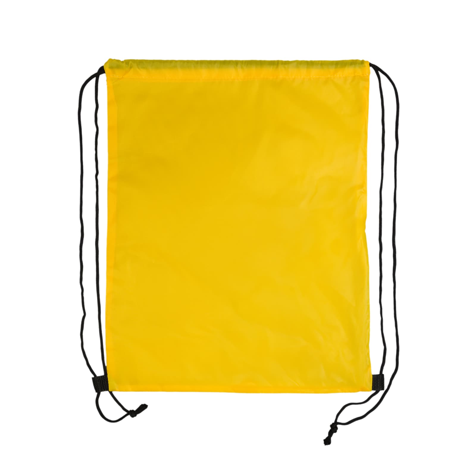 A yellow drawstring backpack with black cords for closure.