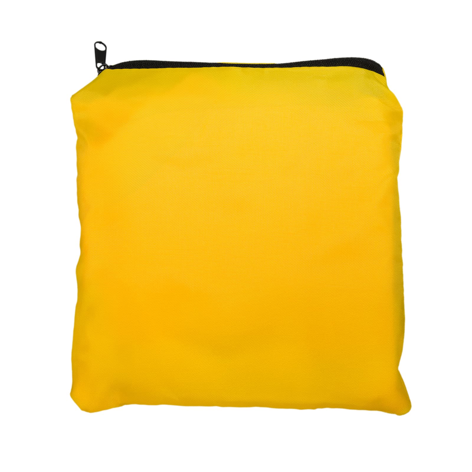 A yellow drawstring backpack with a black zipper and a simple design, featuring a logo.