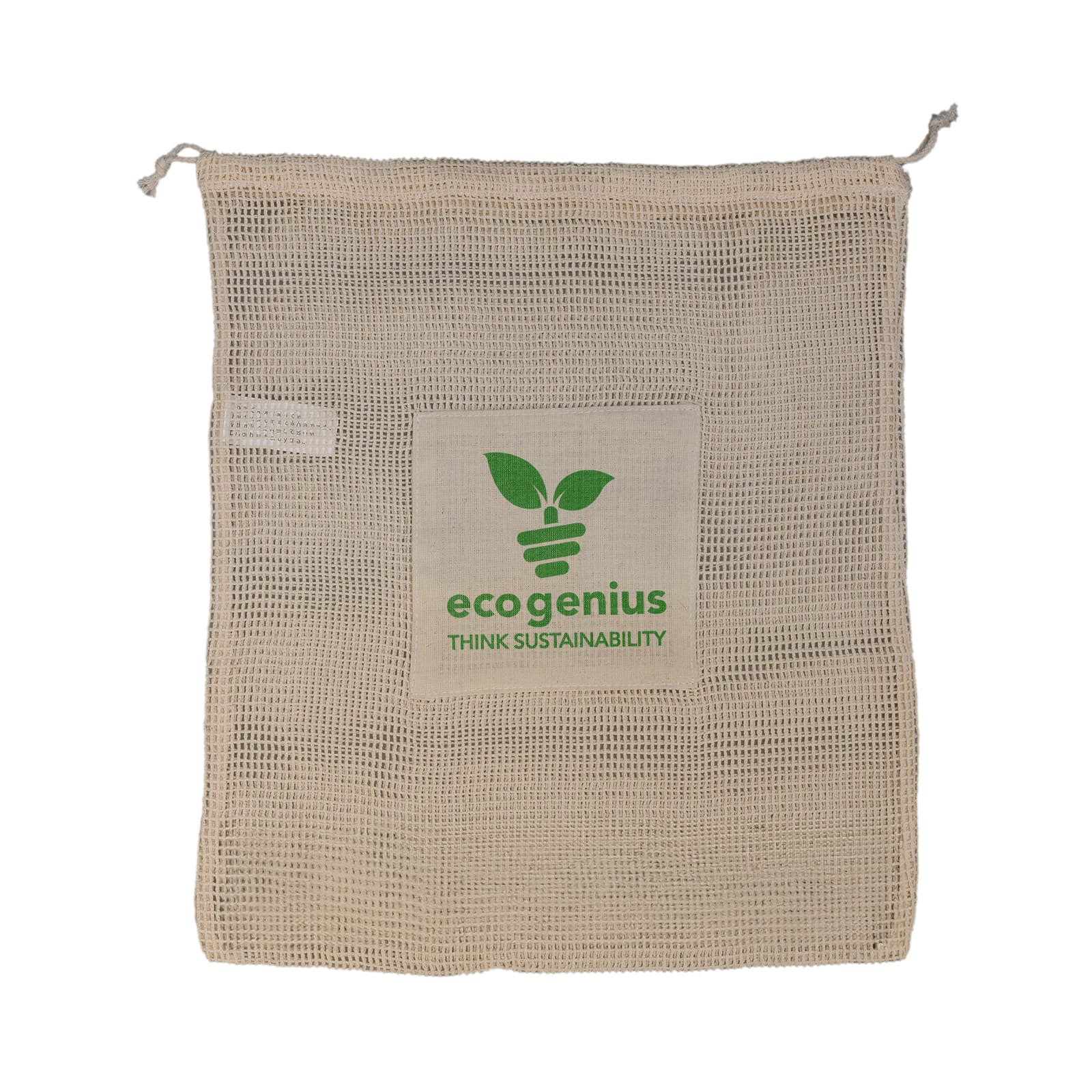 A reusable mesh produce bag featuring a natural color with a green eco genius logo that reads 