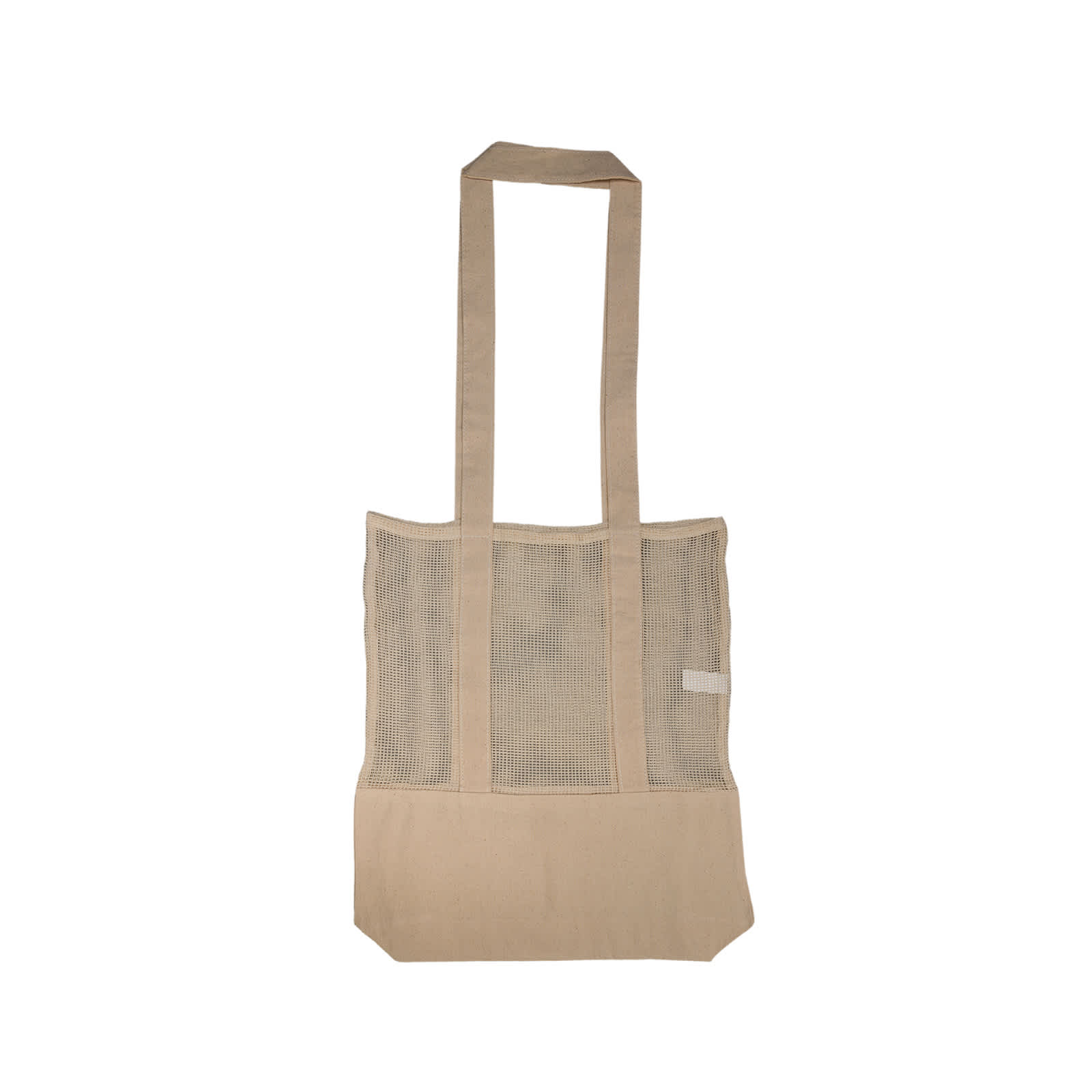 A cream tote bag with mesh sides and a logo at the bottom featuring an orange graphic.