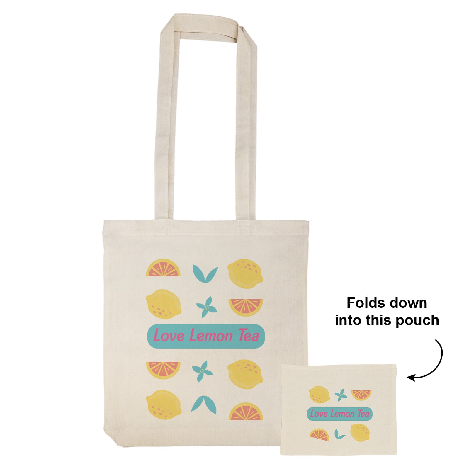 An off-white tote bag with a fruit design and a logo. It folds into a small pouch for easy storage.