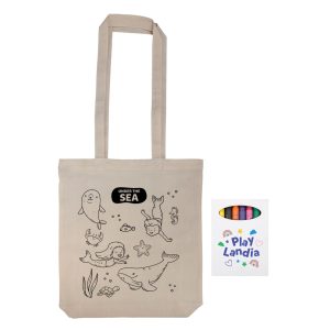 A beige reusable grocery bag featuring various underwater creatures and a logo.