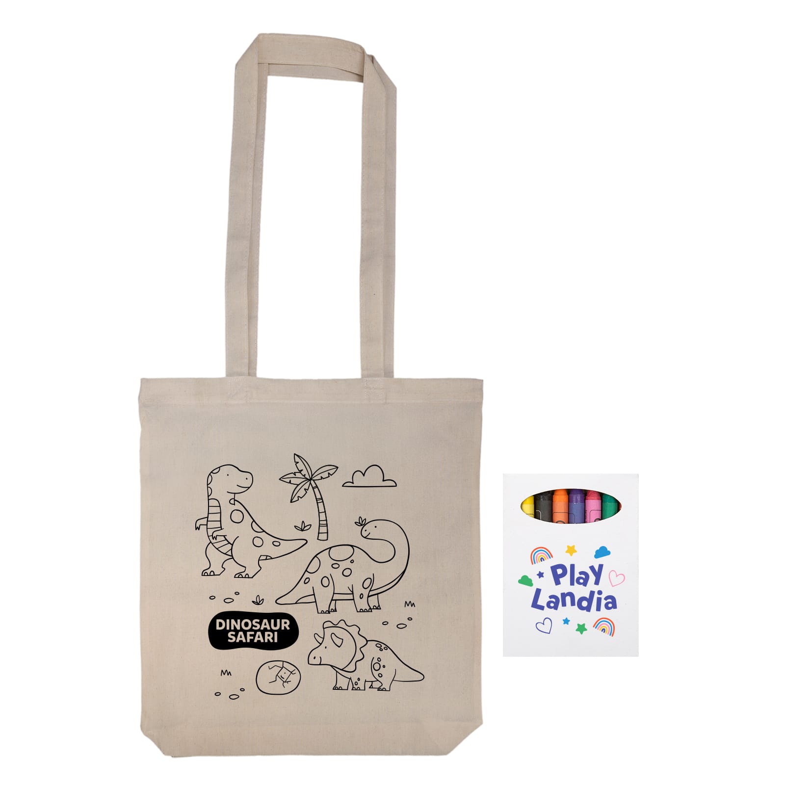 A beige reusable grocery bag featuring a dinosaur safari design and a hang tag.