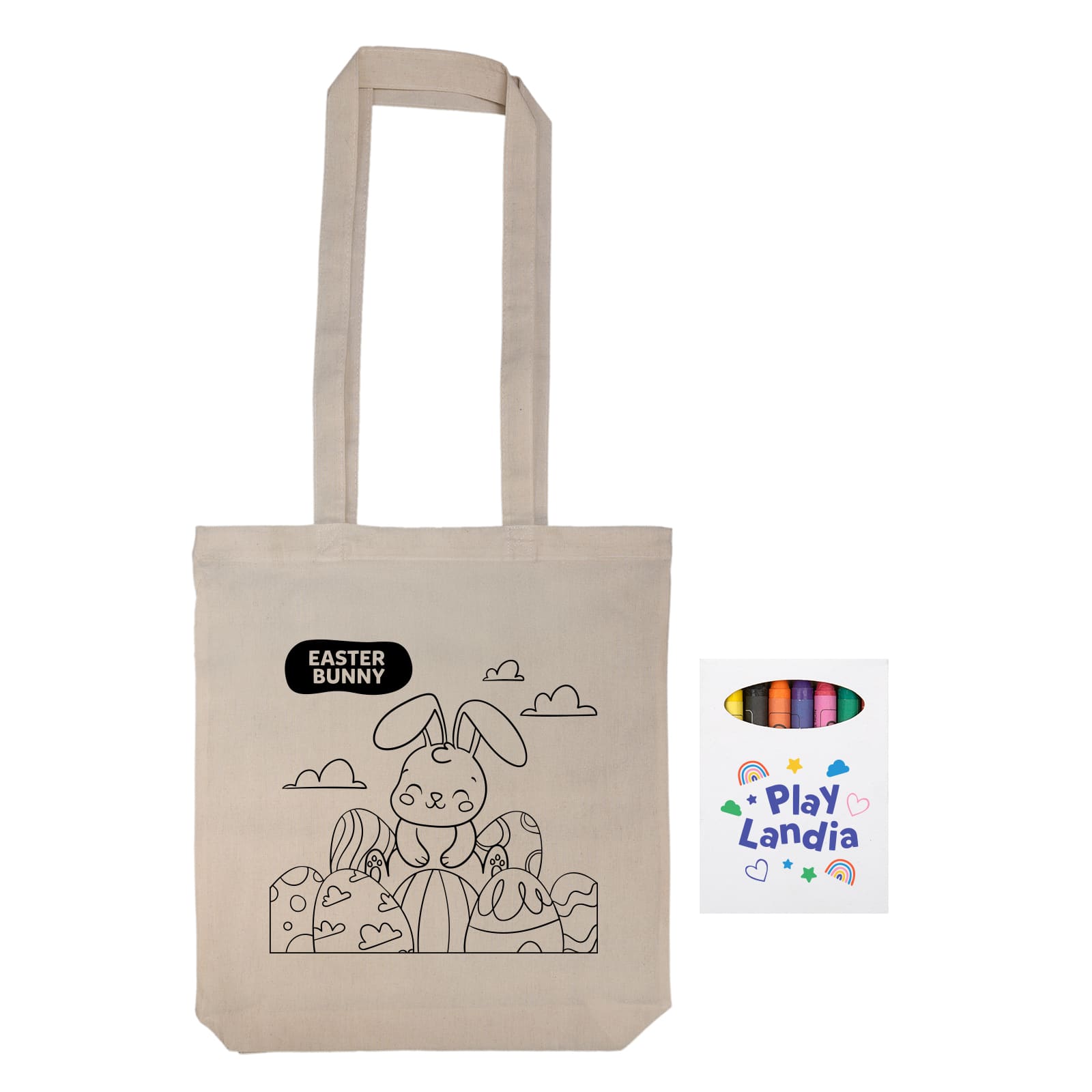 A beige reusable grocery bag featuring a colouring design of an Easter bunny and eggs, with a branding label.