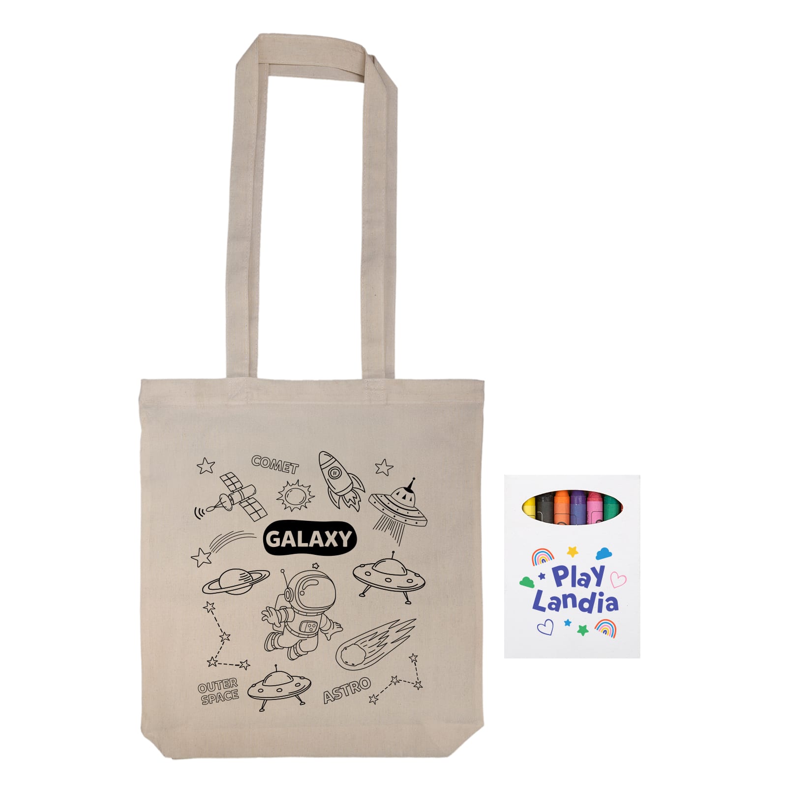 A beige reusable grocery bag featuring space-themed illustrations and a logo.