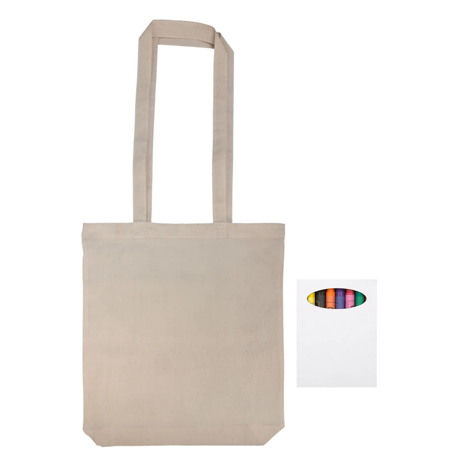 A beige reusable grocery bag with long handles and a logo on one side. Crayons are included in the product.