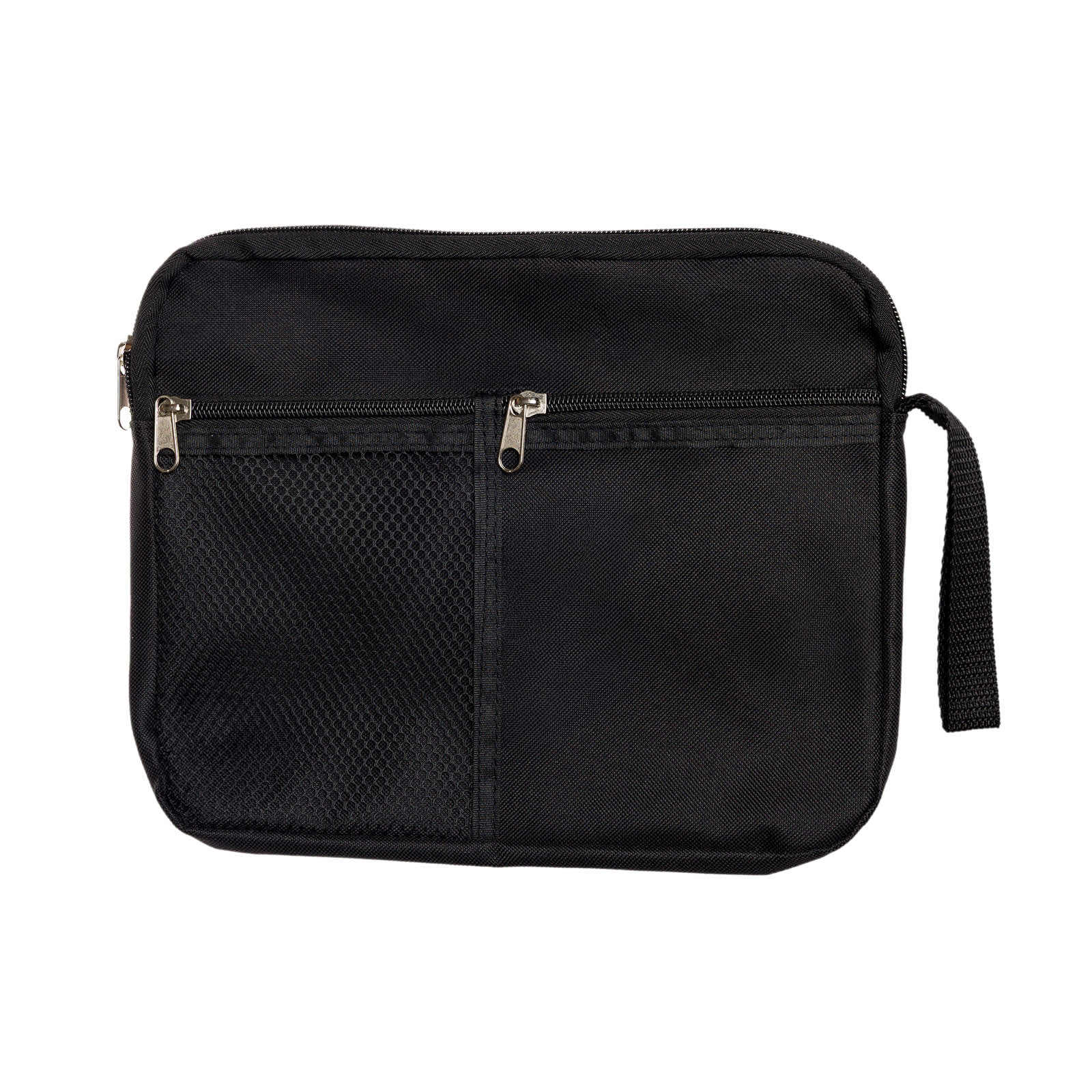 A black utility pouch with a zippered compartment and a mesh pocket, held by a hand. It has a hand strap.