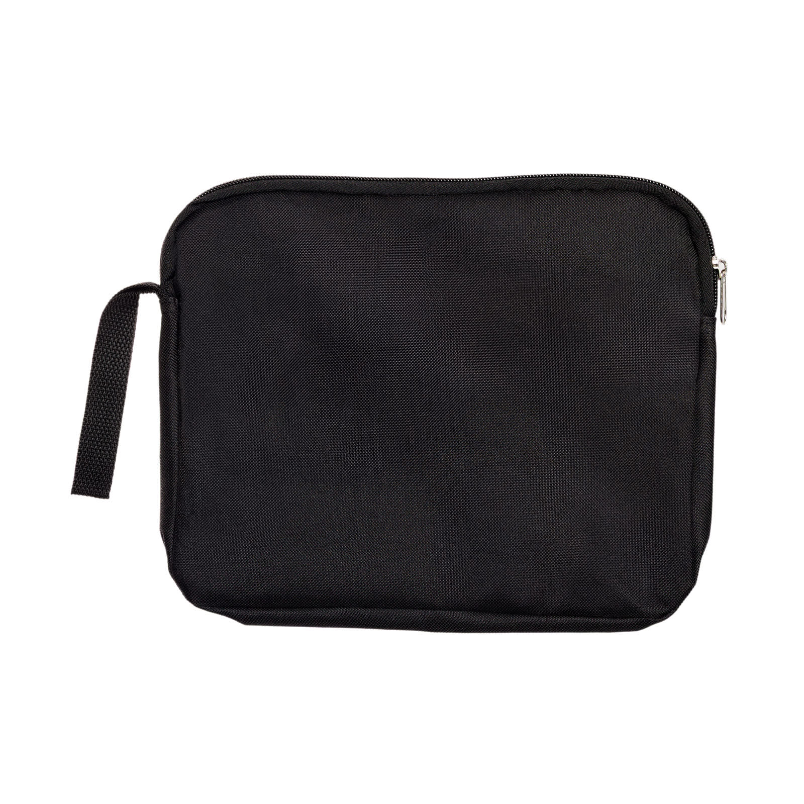 A black utility pouch featuring a zippered closure and a side handle.