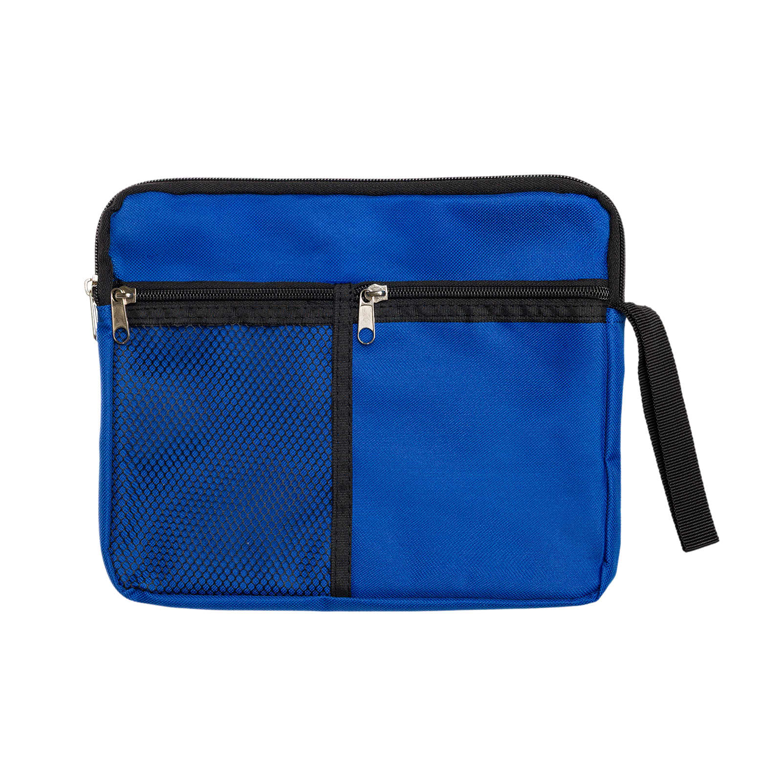 A black utility pouch being held by a hand, featuring a zippered compartment and a mesh pocket.