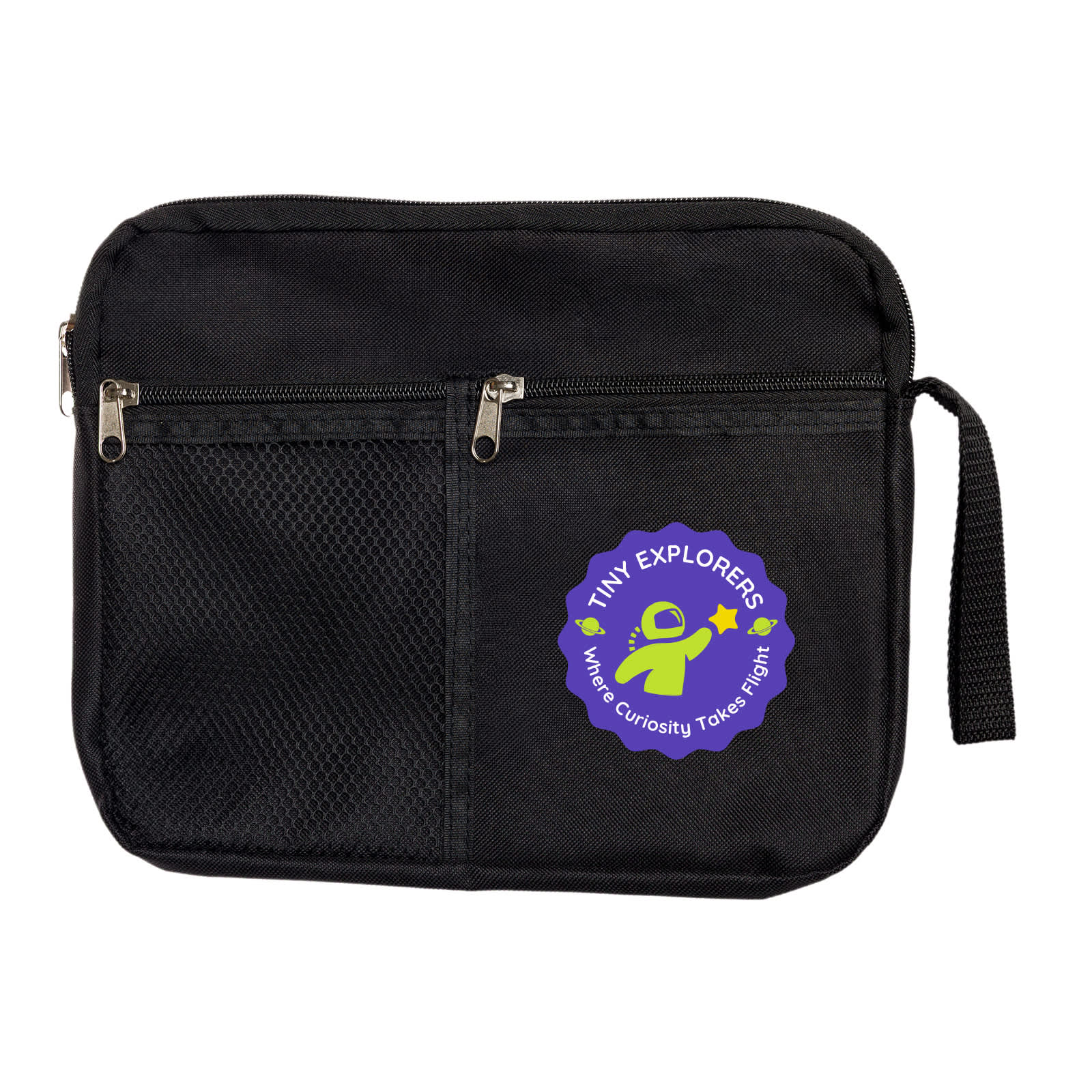 A black utility pouch featuring a logo for 