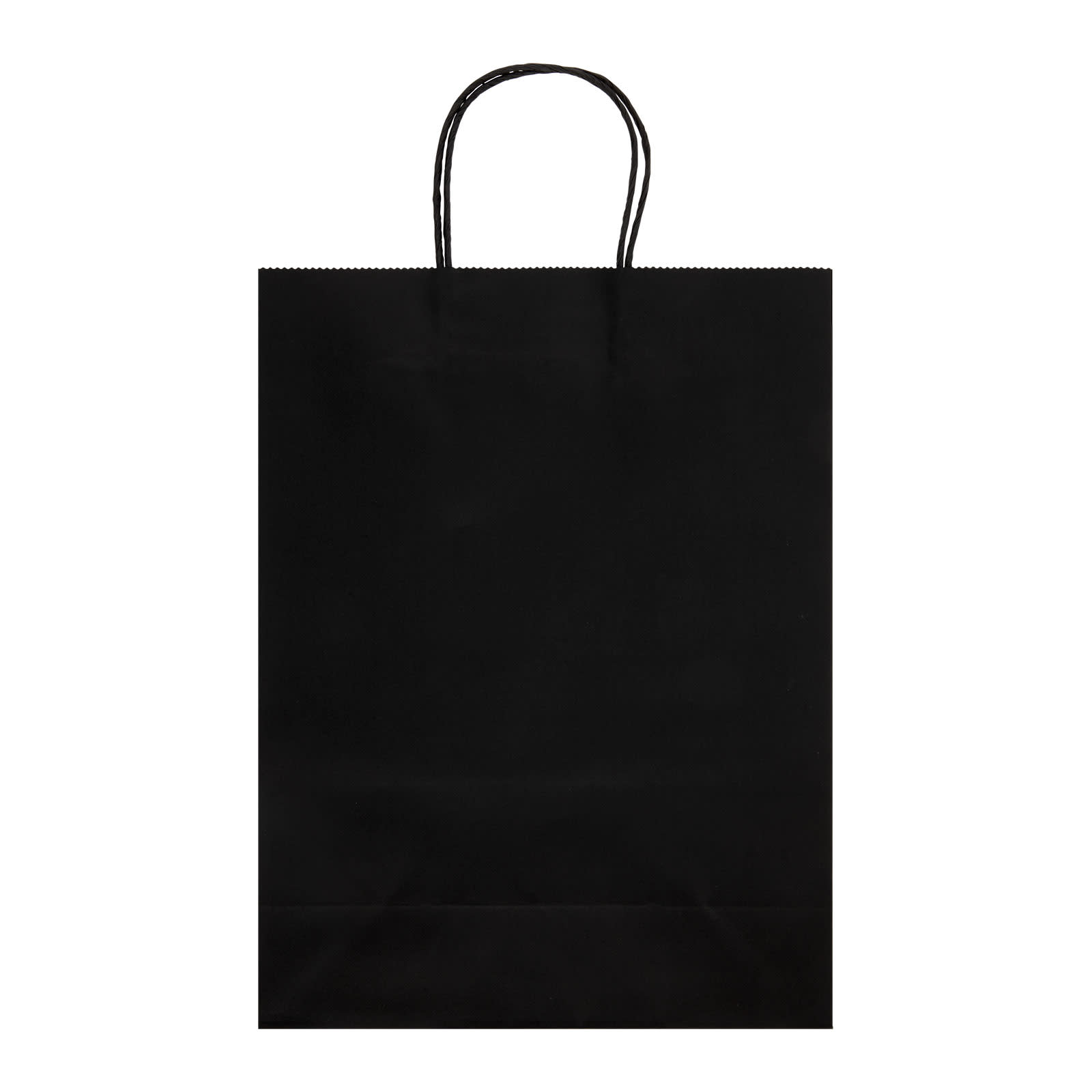 A large black paper bag with two handles and a smooth surface. The bag features a serrated top edge.