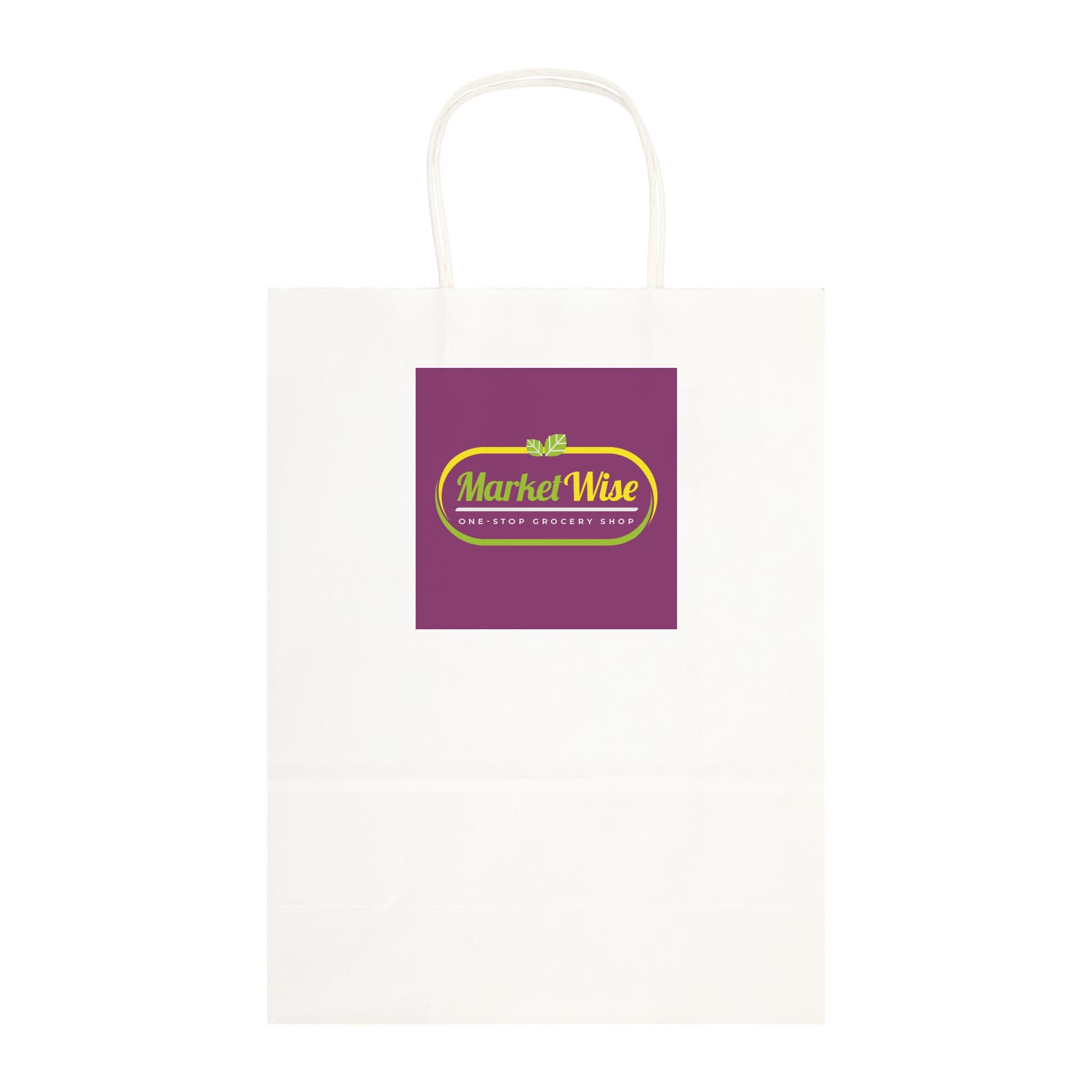 A large white paper bag featuring a purple square with the 