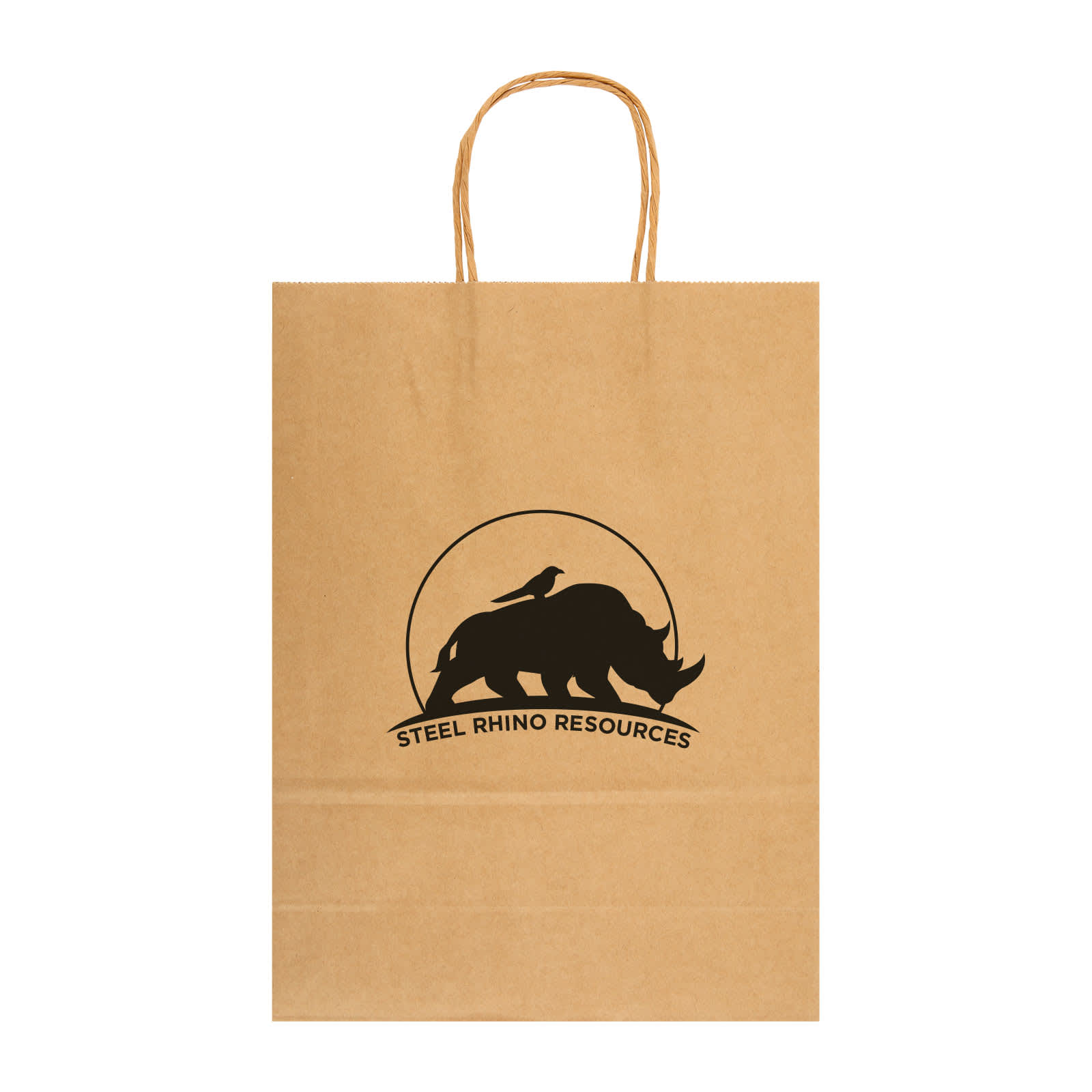 A large brown paper bag with twisted handles and a logo featuring a rhino.