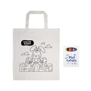 A white cotton tote bag featuring a colouring design of an Easter bunny with decorated eggs, and a branding logo.