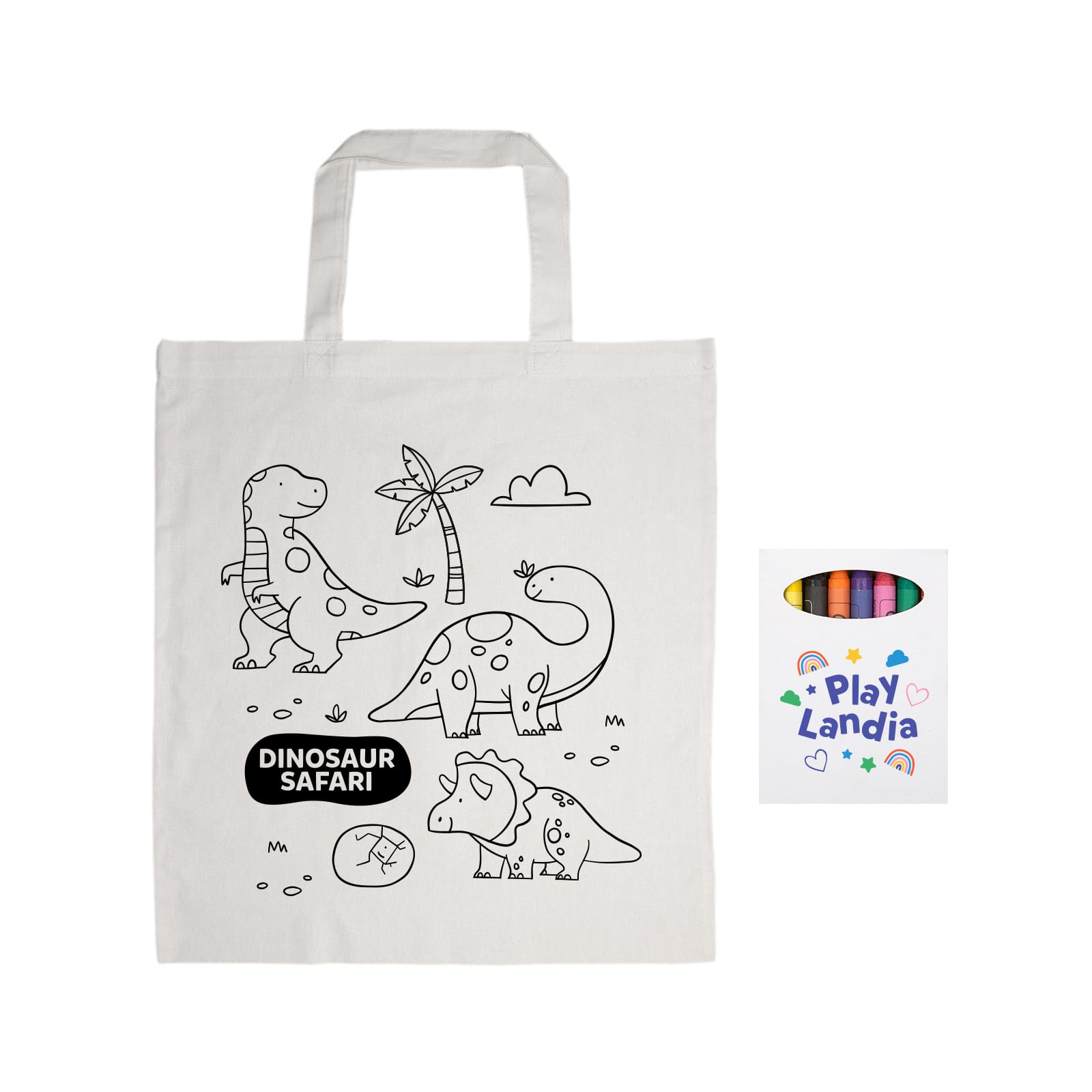 A natural cotton tote bag featuring dinosaur illustrations and a logo, accompanied by colouring crayons.