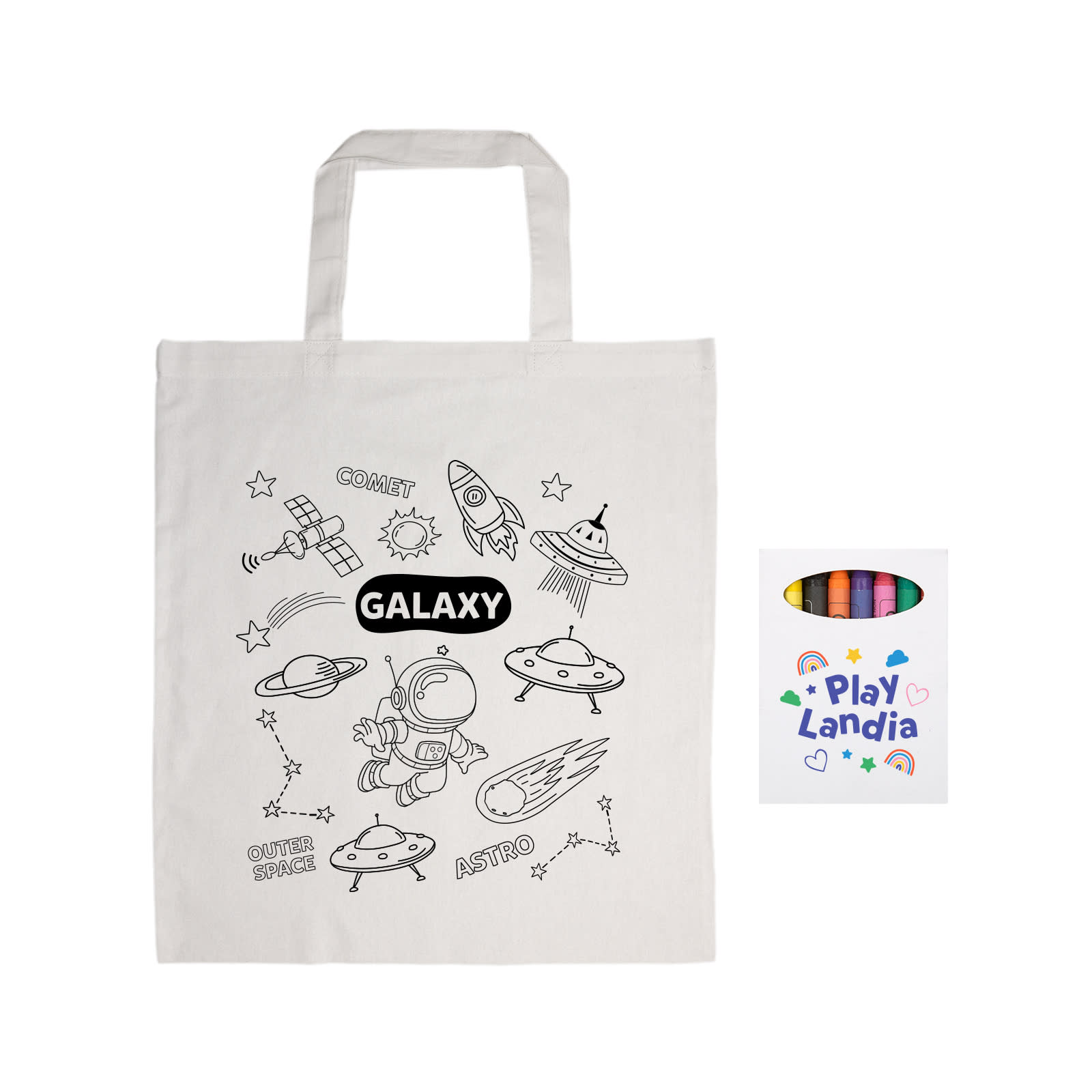 A white cotton tote bag featuring a space-themed design with an astronaut, rockets, and UFOs. Includes crayons and a logo.