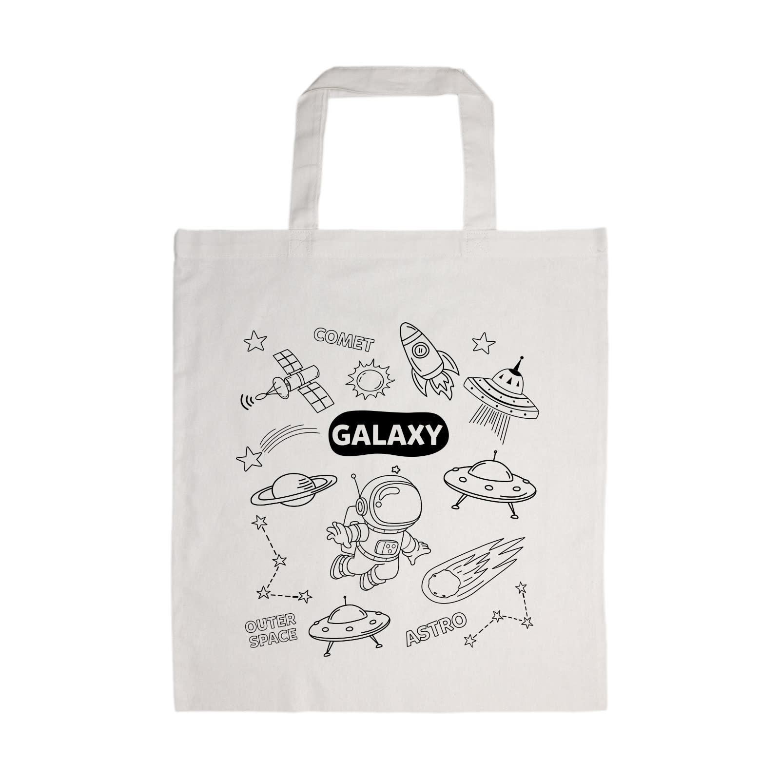 A white cotton tote bag featuring a space-themed design with rockets, UFOs, and an astronaut, including a logo.
