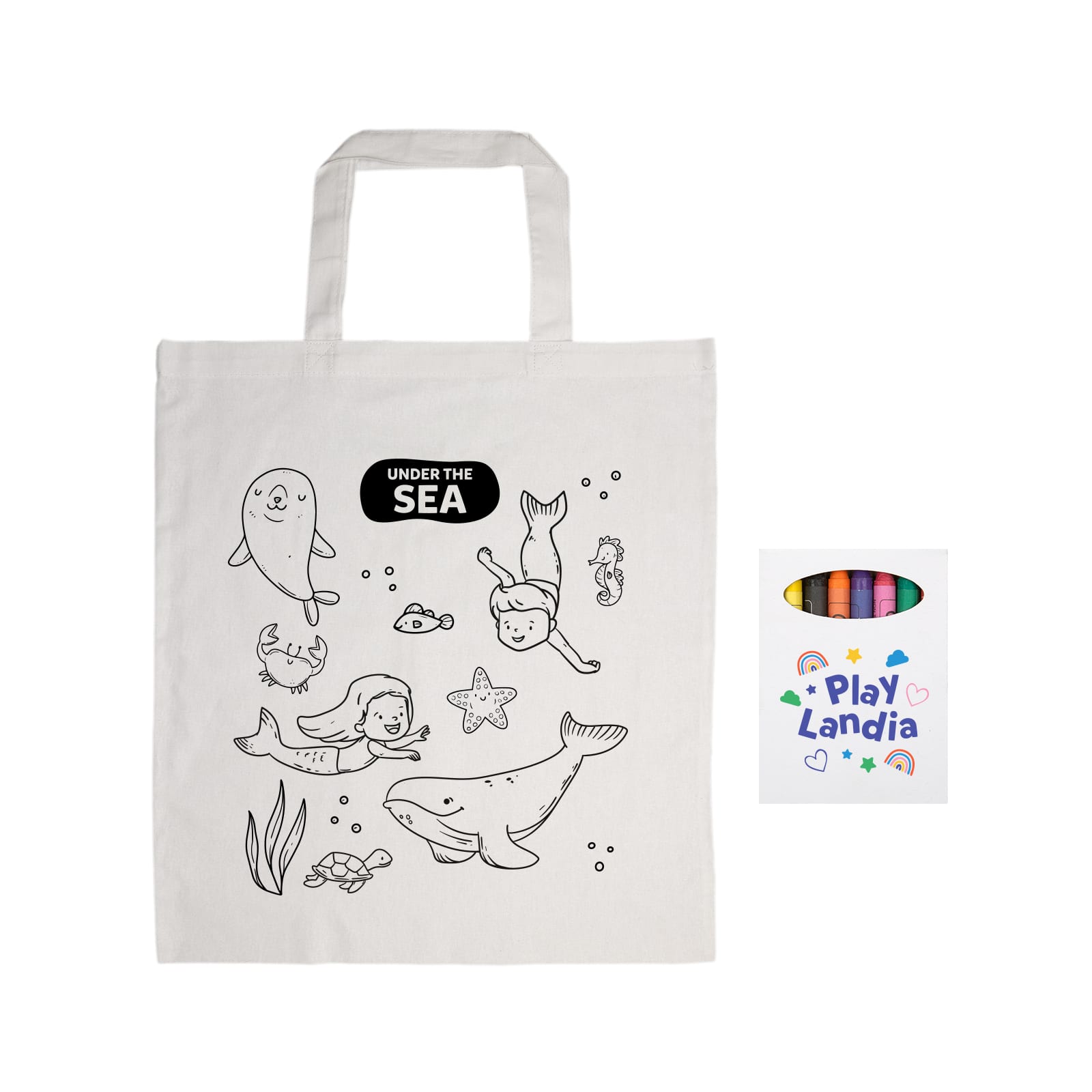 A white cotton tote bag featuring ocean-themed illustrations ready for colouring, with a logo attached.