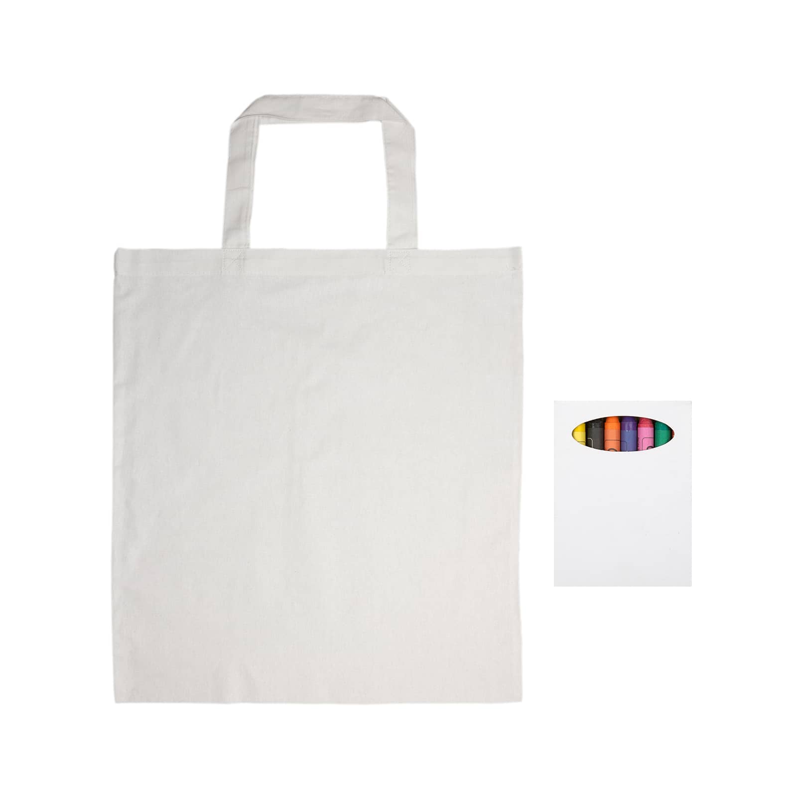 A white cotton tote bag with short handles and a colourful logo on one side.
