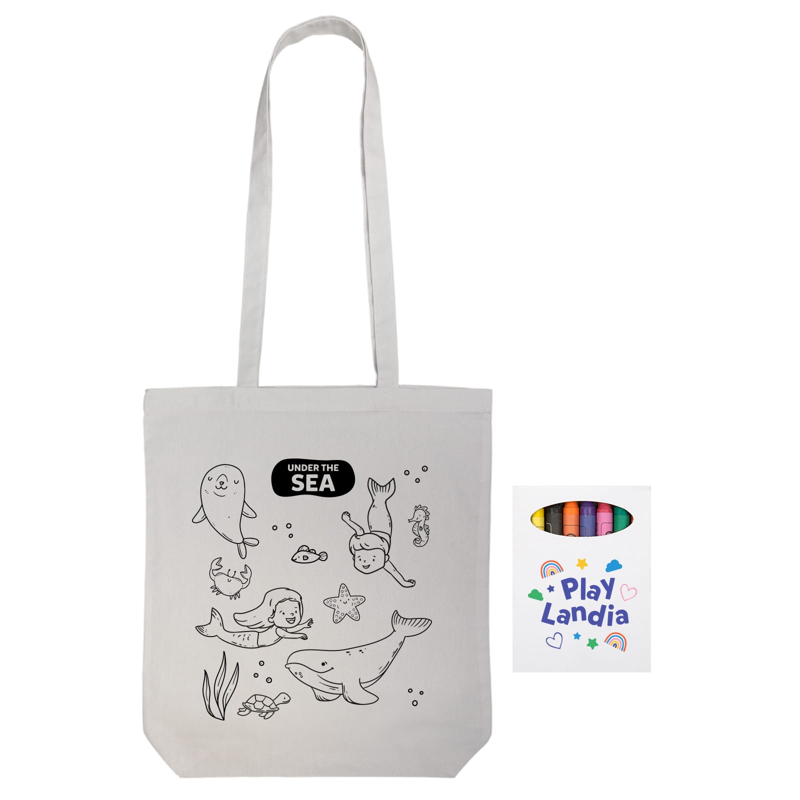 A cotton tote bag in off-white, featuring outlined sea creatures and children, with an attached branding label.