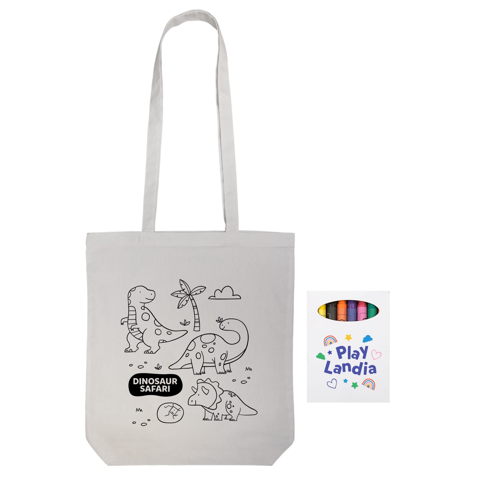 A white tote bag featuring a dinosaur design and an attached logo. Crayons are included for colouring.