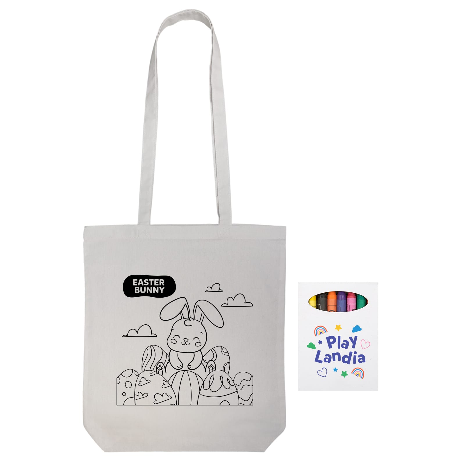 A white tote bag featuring a colouring design of an Easter bunny with eggs, along with a logo.