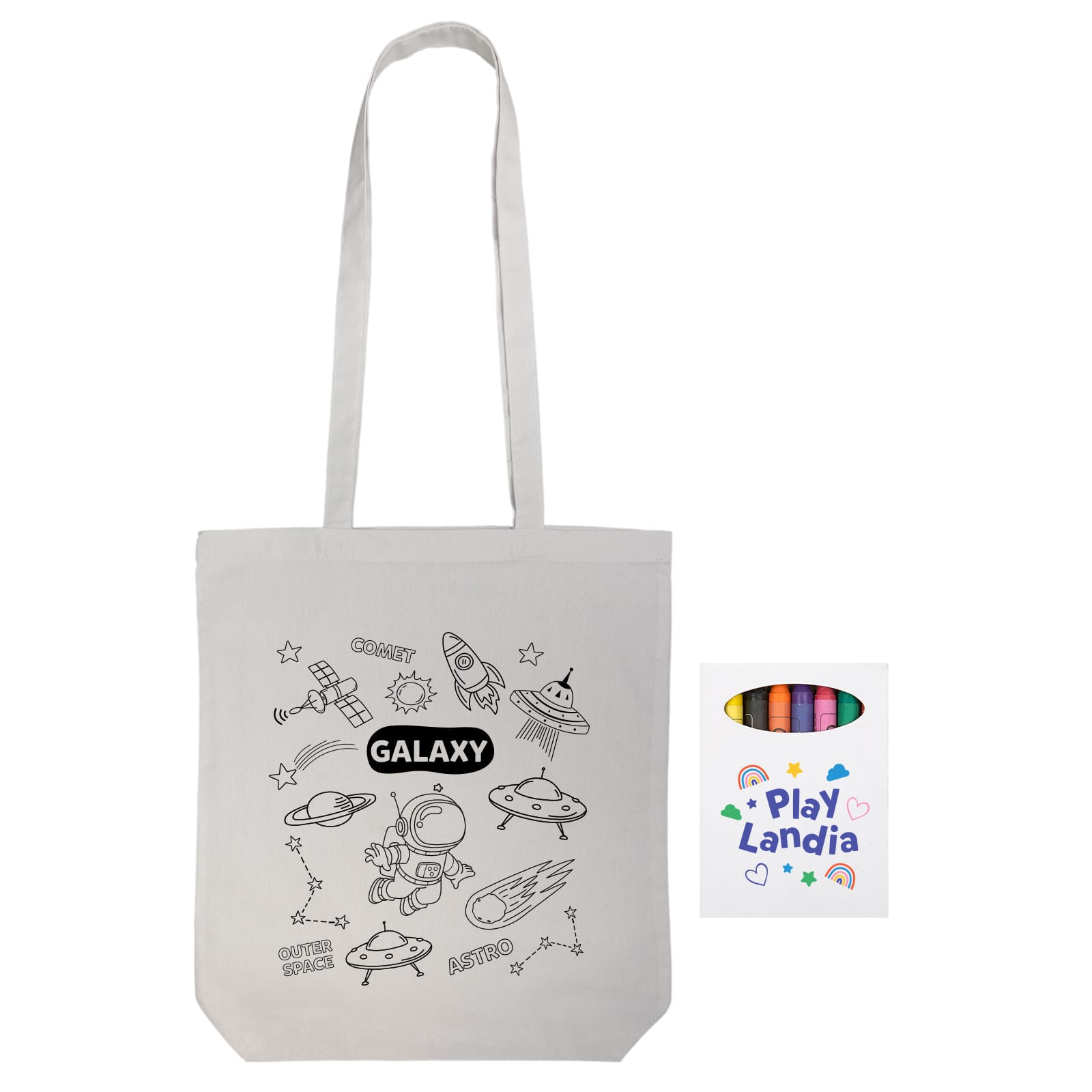A white cotton tote bag featuring a galaxy-themed design and an attached branding label.