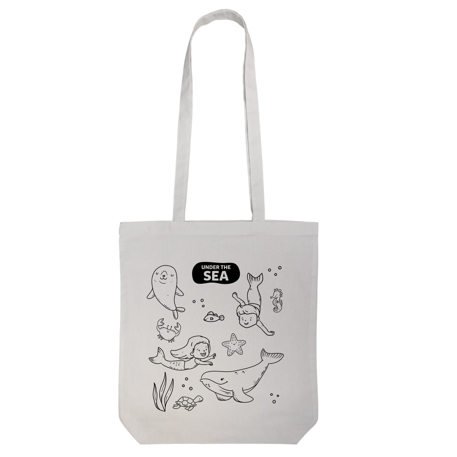 A white tote bag featuring an underwater scene with marine animals and a logo. Ideal for colouring and creativity.
