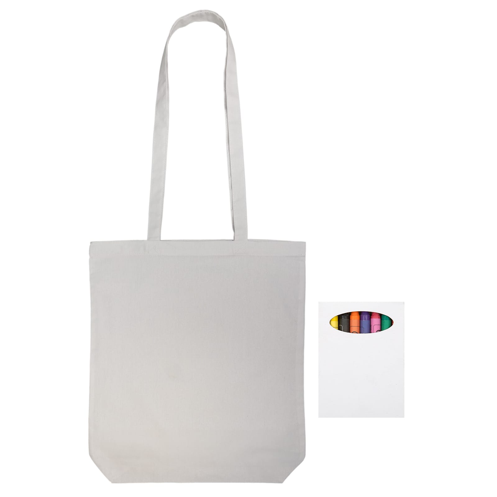 A cream-coloured tote bag with long handles and a logo on one side. Crayons are not visible in the image.