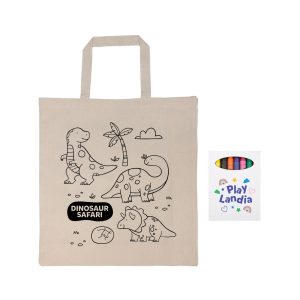 A natural-coloured calico bag featuring dinosaur illustrations, accompanied by crayons and a logo on the handle.