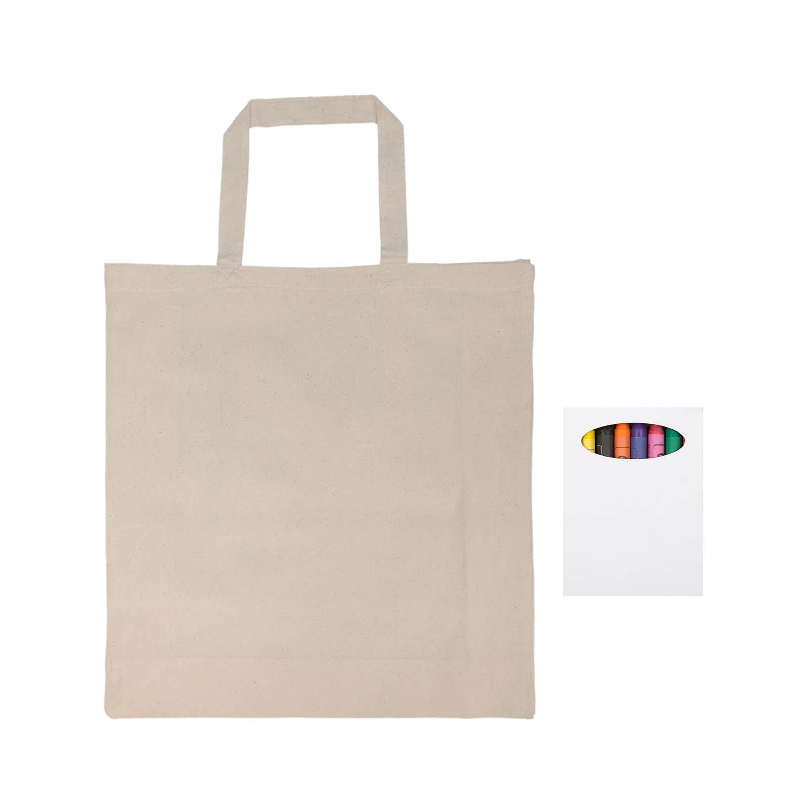 A beige calico bag with short handles and a small label, featuring assorted crayons beside it.