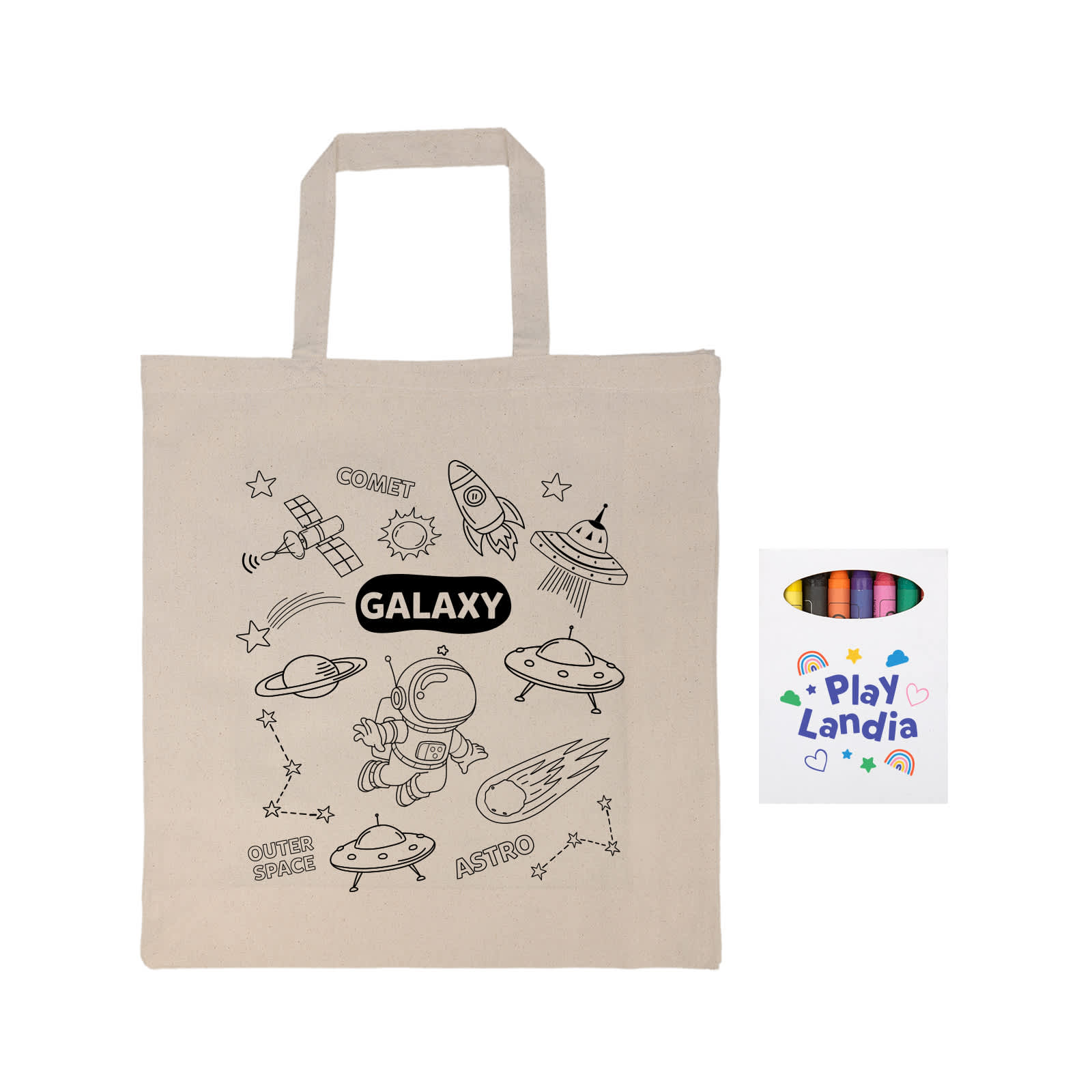 A beige calico bag featuring space-themed designs and a box of colorful crayons beside it. The bag has short handles.