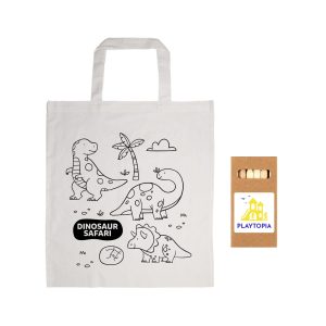 A cotton bag in natural colour featuring a dinosaur theme design, along with a set of pencils.