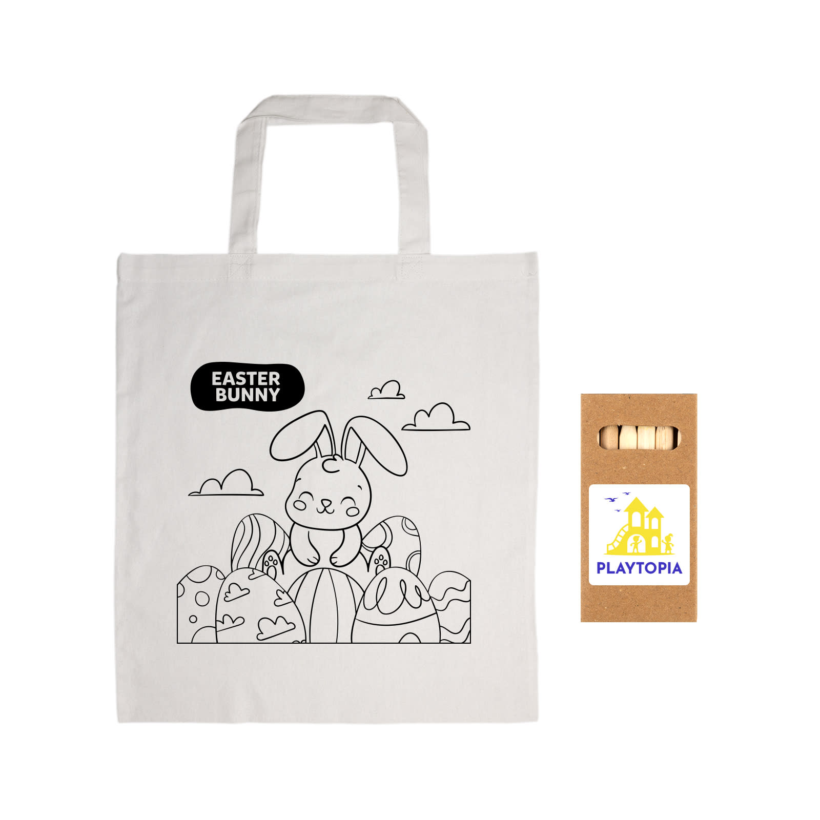 A cotton bag featuring a colouring design of an Easter bunny with decorative eggs. The bag is cream in colour and has a logo.