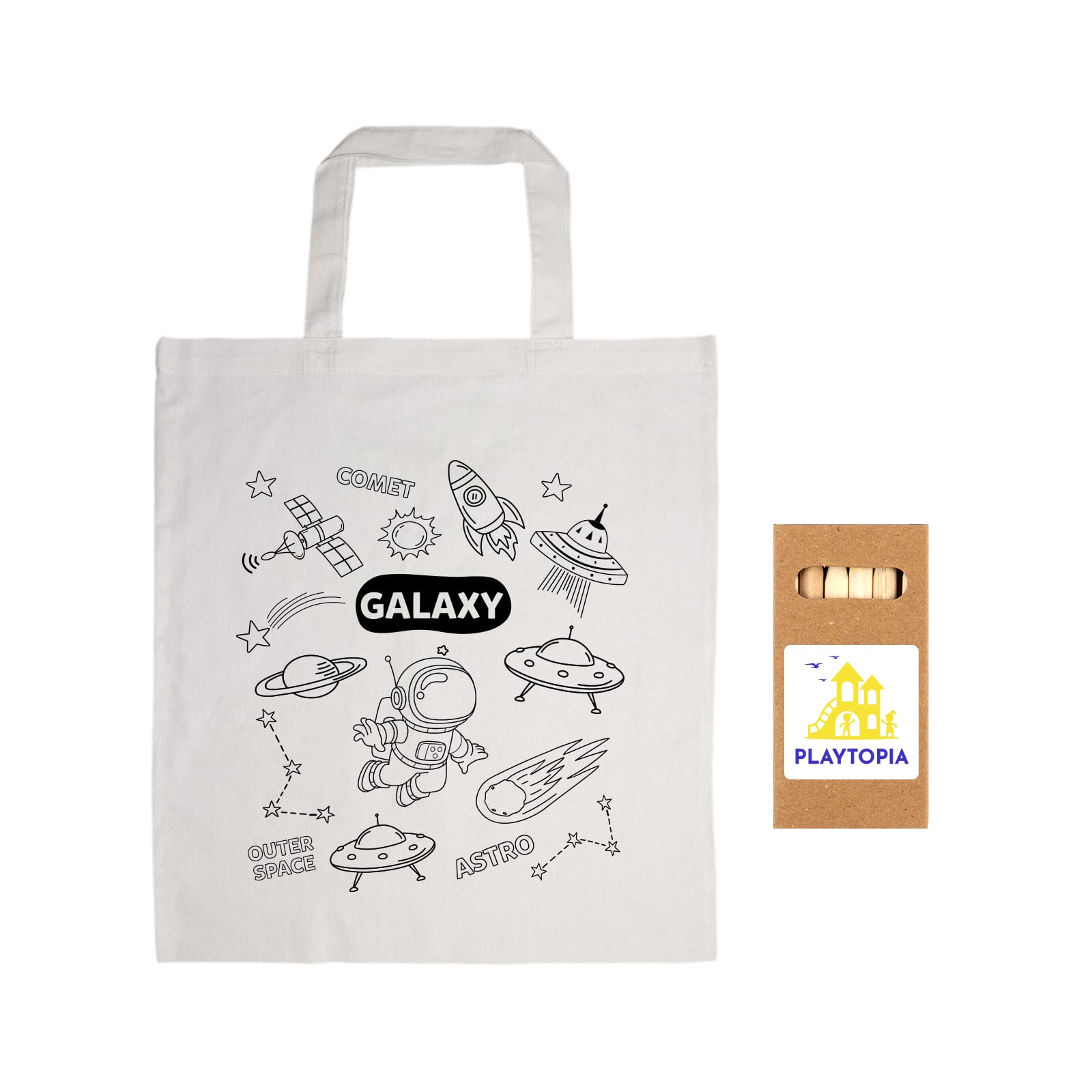 A cotton bag featuring a space-themed design with a rocket, astronaut, and UFOs, in a natural colour. It includes a logo.