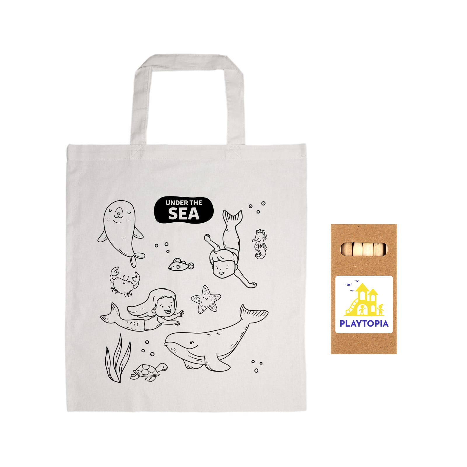 A cream cotton bag featuring whimsical sea-themed illustrations, including sea creatures and children, with a logo.